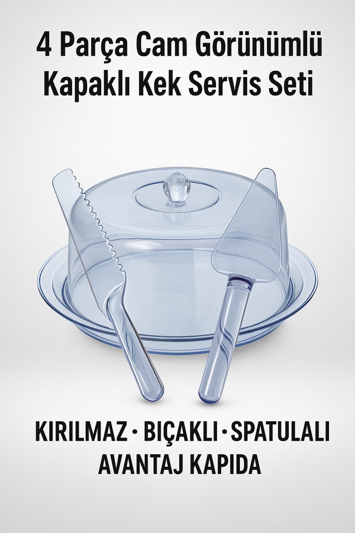 4 Parça Cam Görünümlü Kapaklı Kek Servis Seti – Kırılmaz Akrilik, Bıçaklı ve Spatulalı
