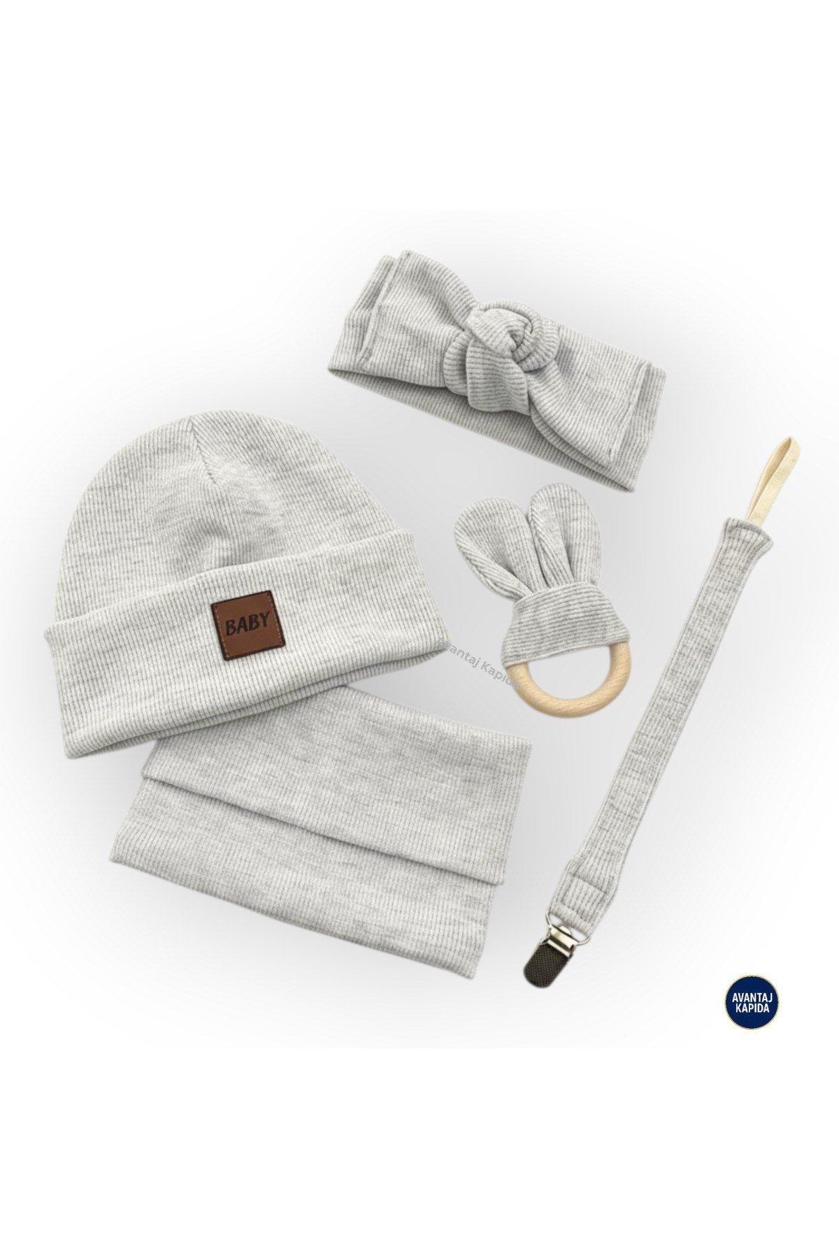 5'li Organik Unisex Bebek Seti Bere Boyunluk Bandana Emzik Askısı Diş Damak Kaşıyıcı 3-18 Ay Hediye