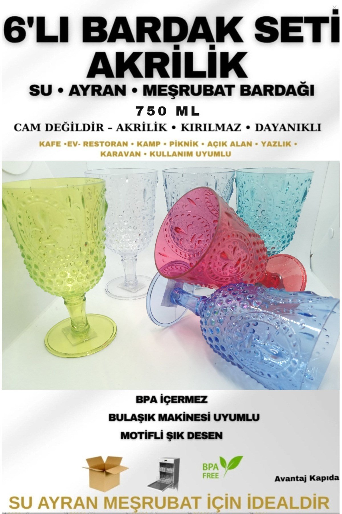 6’lı Renkli Akrilik Su ve Meşrubat Bardağı Seti 750 ml – Motifli, Kırılmaz, Kutulu Gönderim