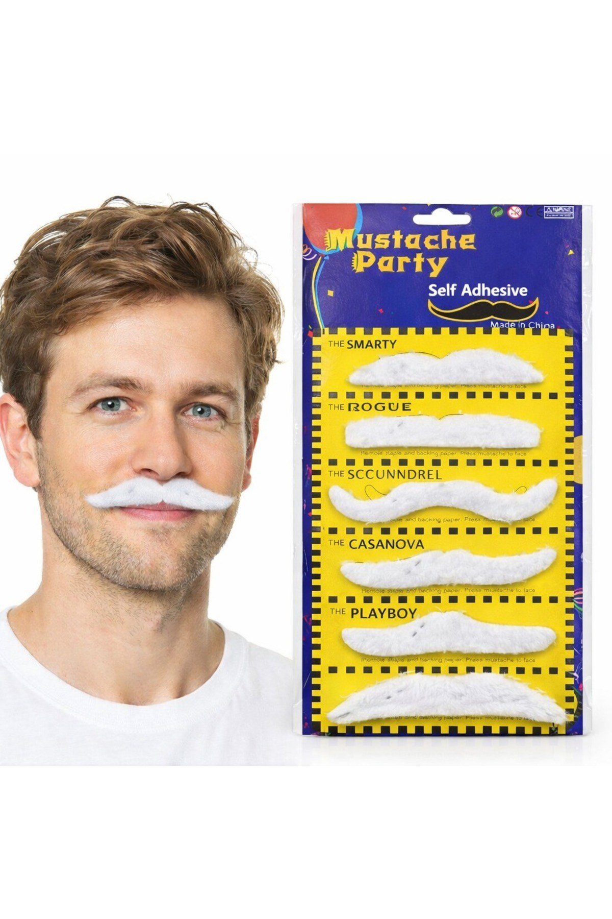 6’lı Yapışkanlı Beyaz Parti Bıyık Seti – Farklı Modeller