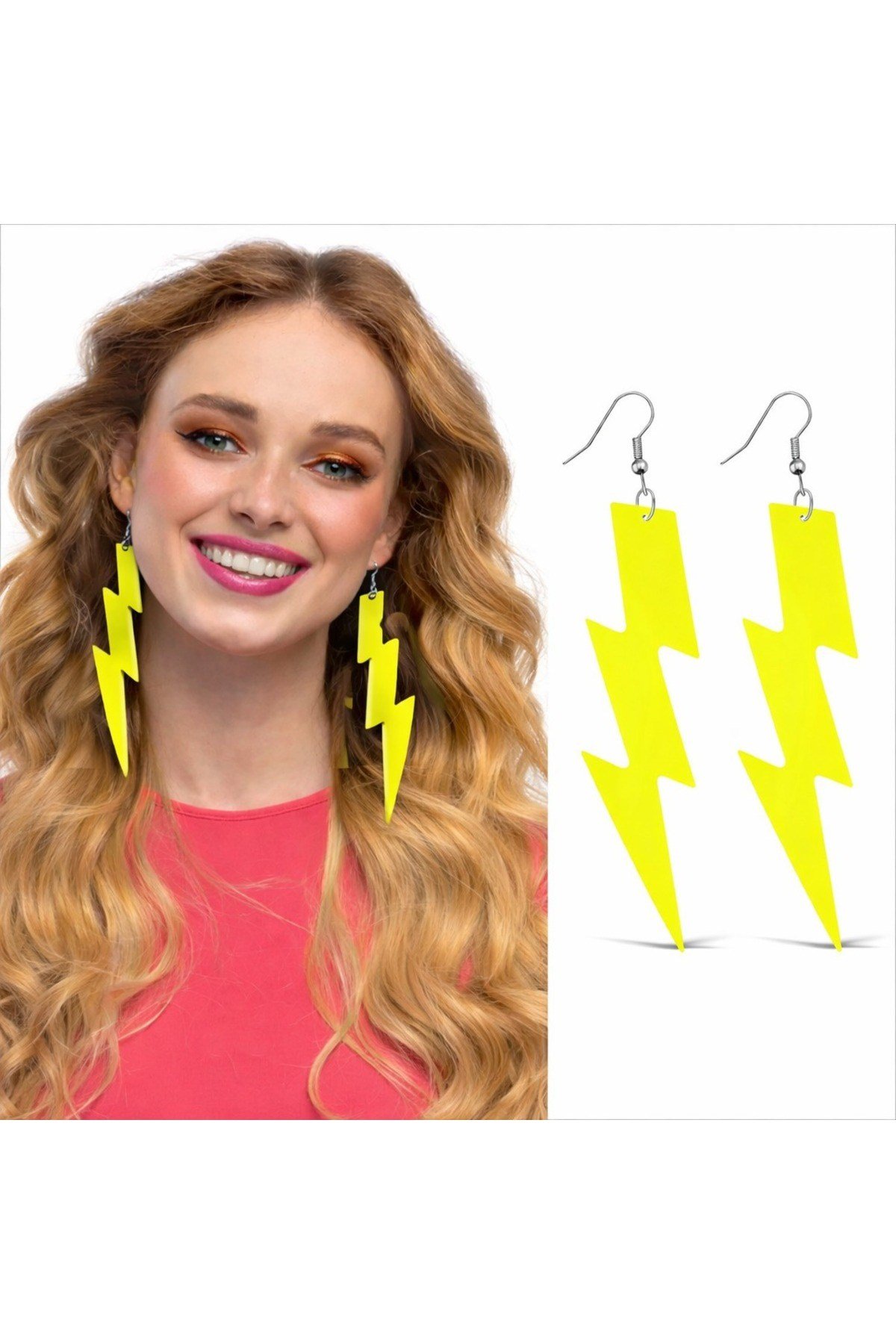 80’ler 90'lar Retro Neon Sarı Şimşek Küpe 10 cm