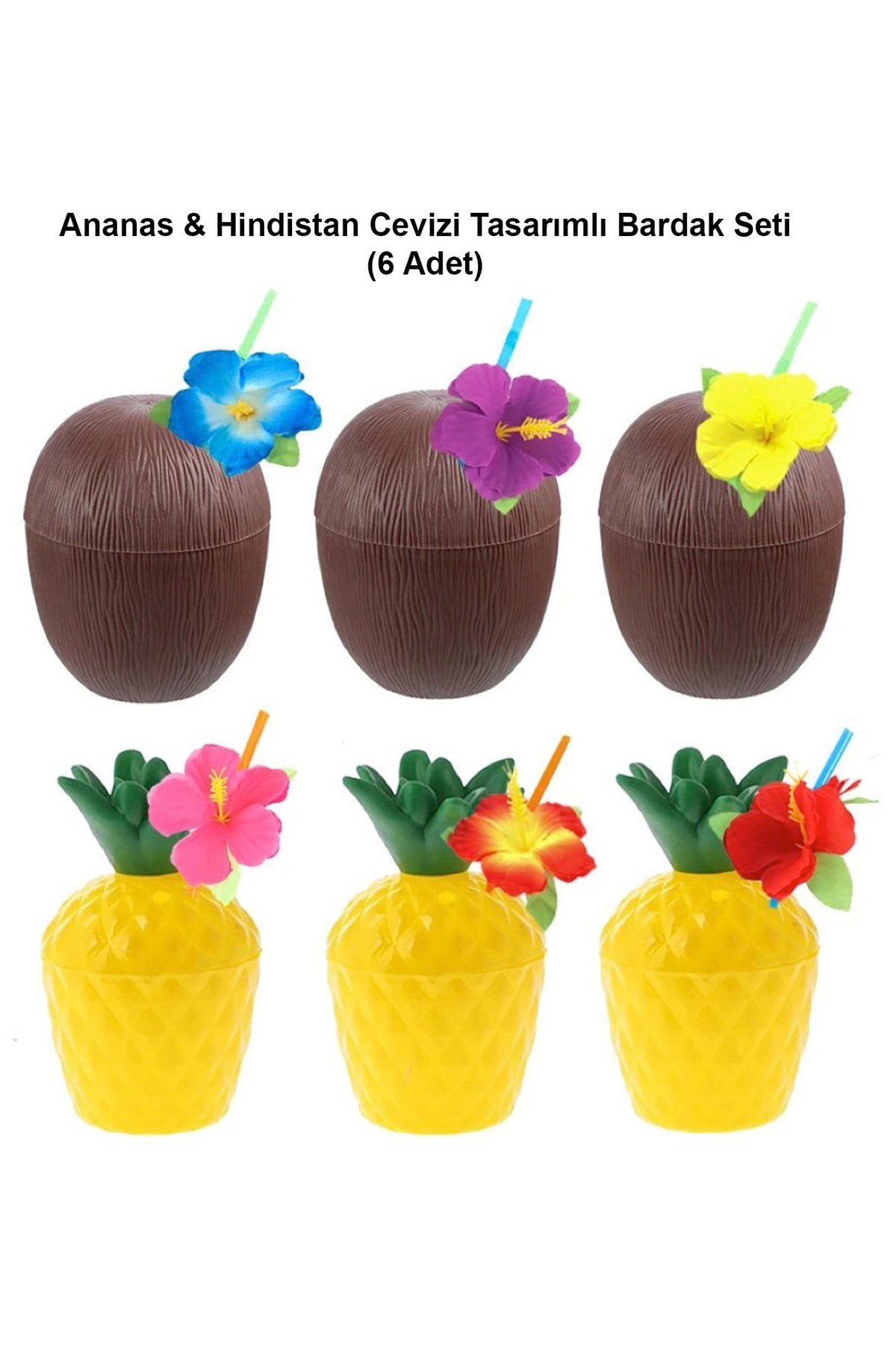 Ananas & Hindistan Cevizi Tasarımlı Pipetli Bardak Seti (6 Adet)