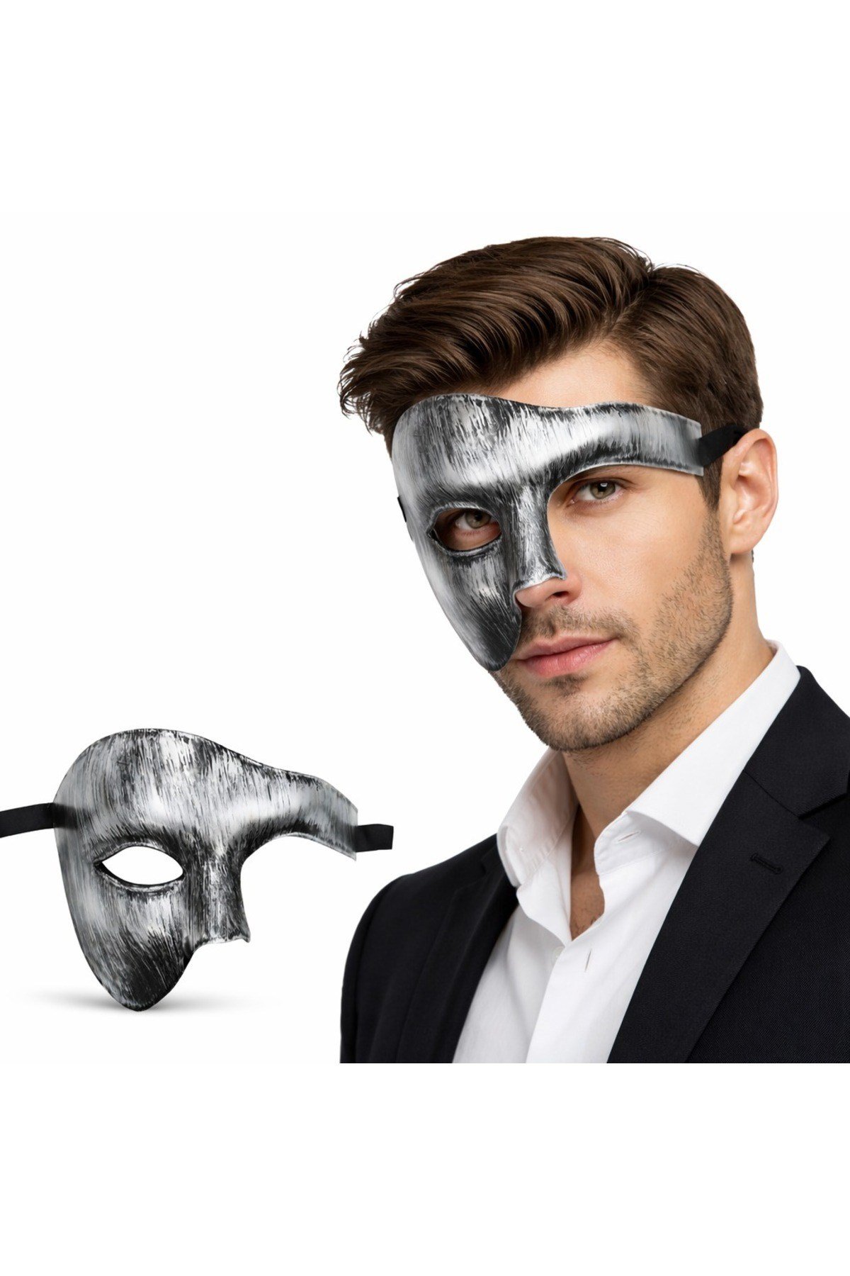 Antik Eskitme Gümüş Erkek Yarım Maske - Phantom & Balo Maskesi