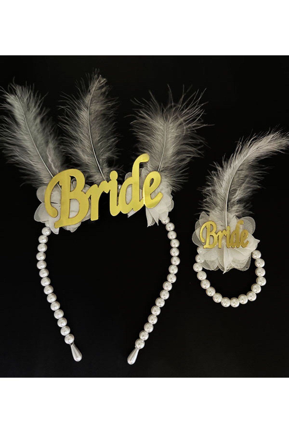 Beyaz İncili Gerçek Otriş Tüylü Pleksili Bride Yazılı Gelin Tacı ve Bride Yazılı Gelin Bilekliği Al