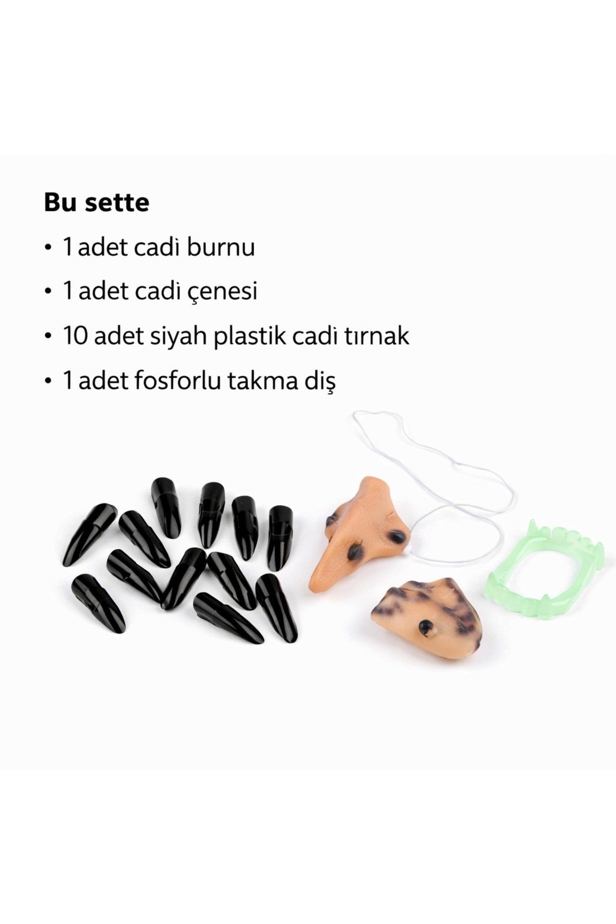 Cadı Aksesuar Seti – Burun, Çene, Fosforlu Diş ve 10 Adet Siyah Tırnak
