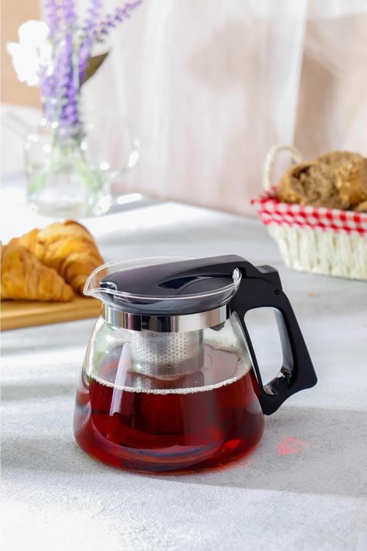 Cam Demlik 900 ml Borosilikat Çaydanlık Siyah Kapaklı