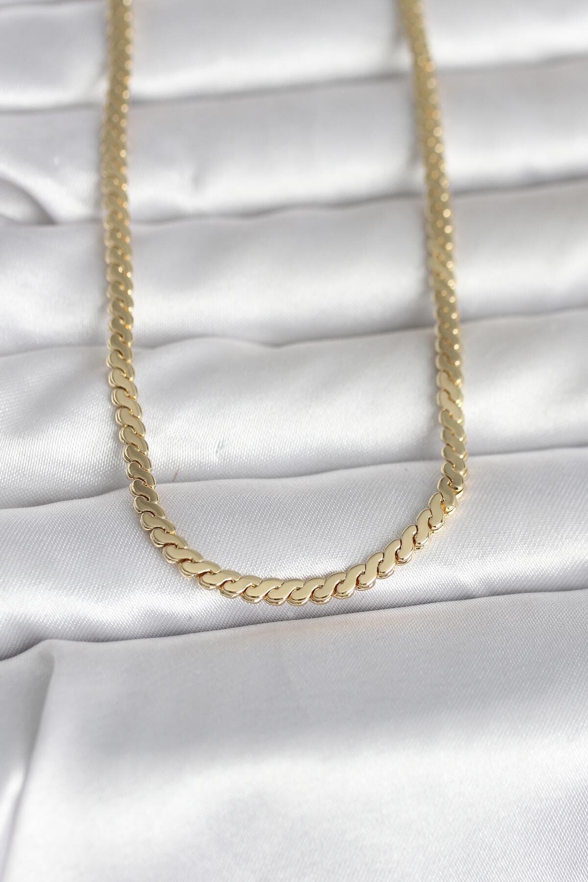 CM 14K Gold Renk Yassı Ezme Zincir Model 60 cm Kadın Kolye
