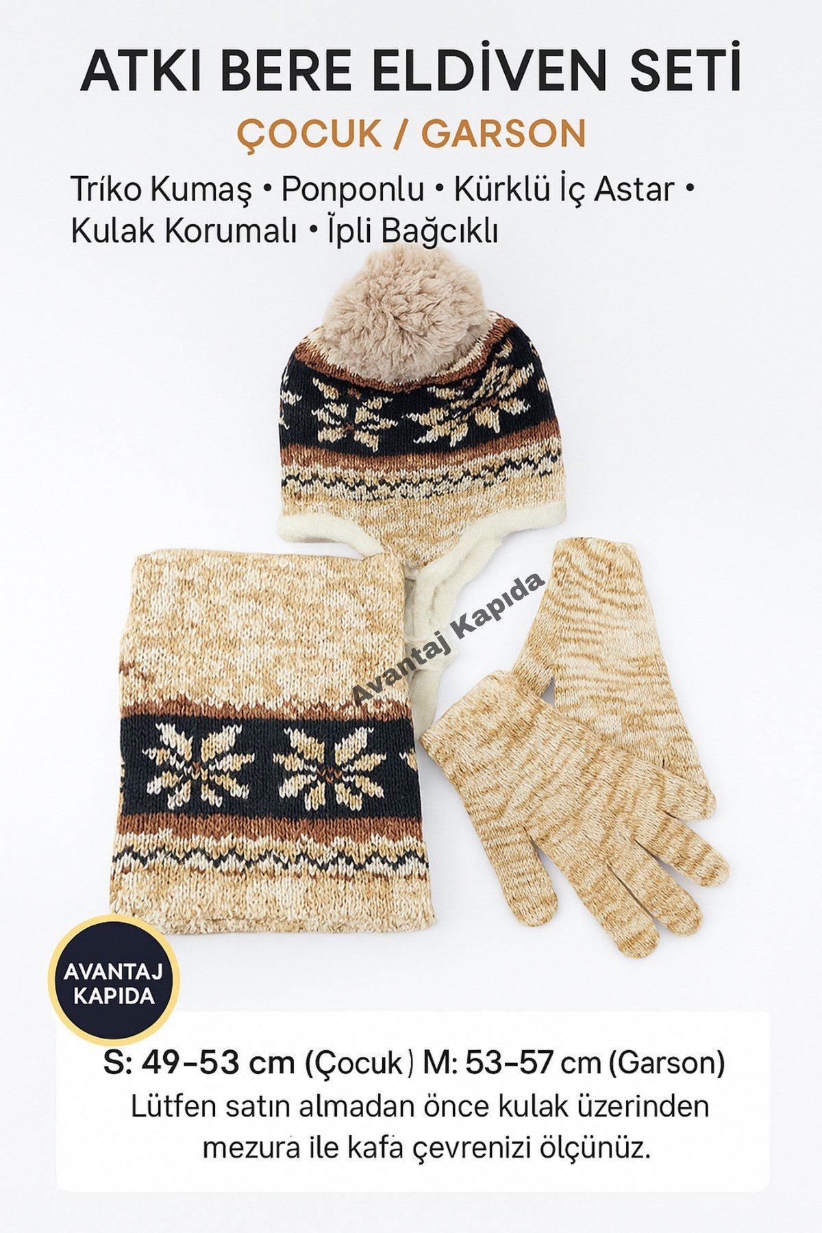 Çocuk Atkı Bere Eldiven 3’lü Set Unisex Garson Ponponlu Kürklü İpli Triko Kışlık Hediyelik