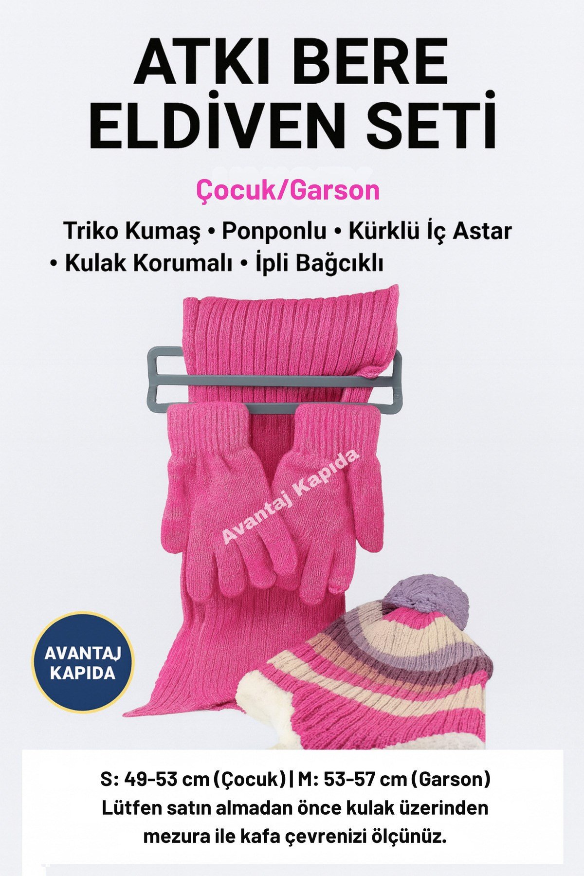 Çocuk Atkı Bere Eldiven 3’lü Set Unisex Garson Ponponlu Kürklü İpli Triko Kışlık Hediyelik