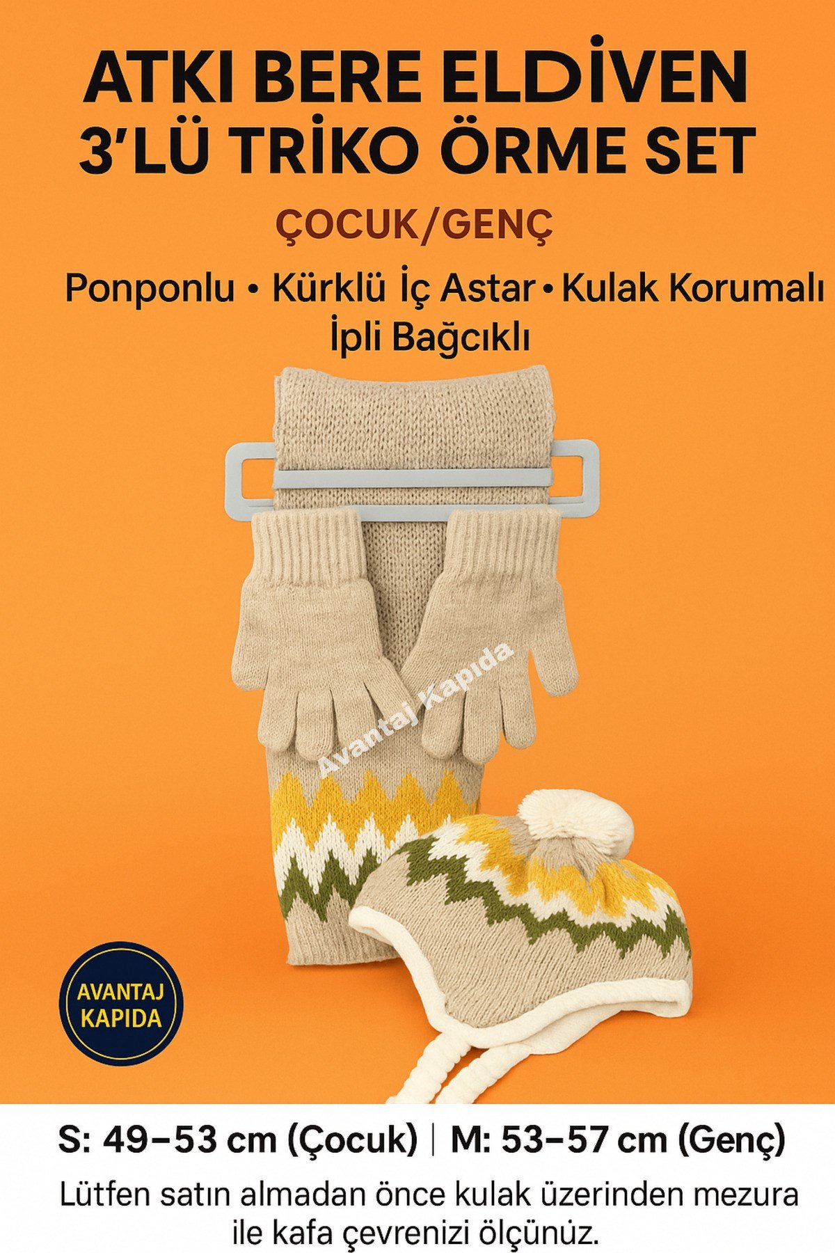 Çocuk Atkı Bere Eldiven 3’lü Set Unisex Garson Ponponlu Kürklü İpli Triko Kışlık Hediyelik