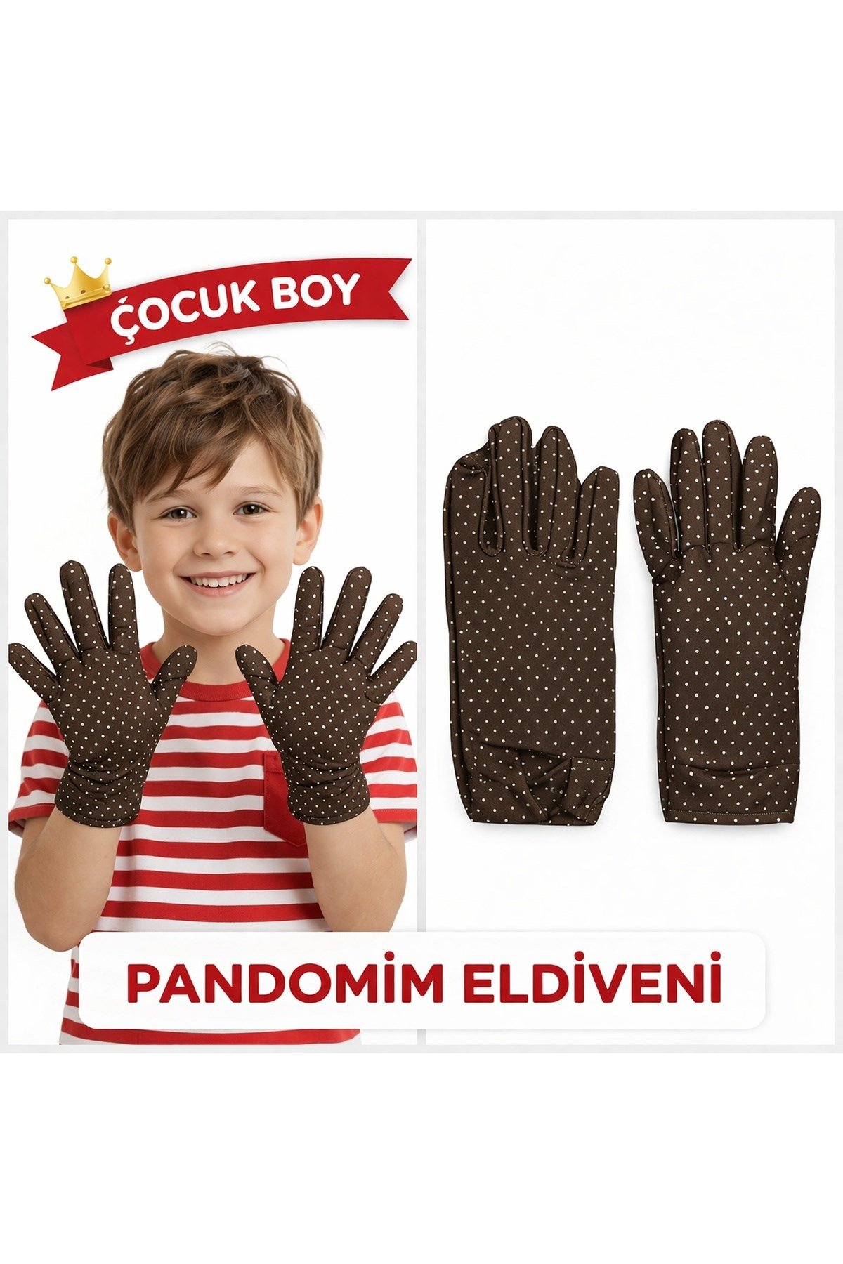 Çocuk Boy Pandomim Eldiveni Beyaz Puantiyeli Kahve Renk Gösteri Eldiveni 23 Nisan 19 Mayıs