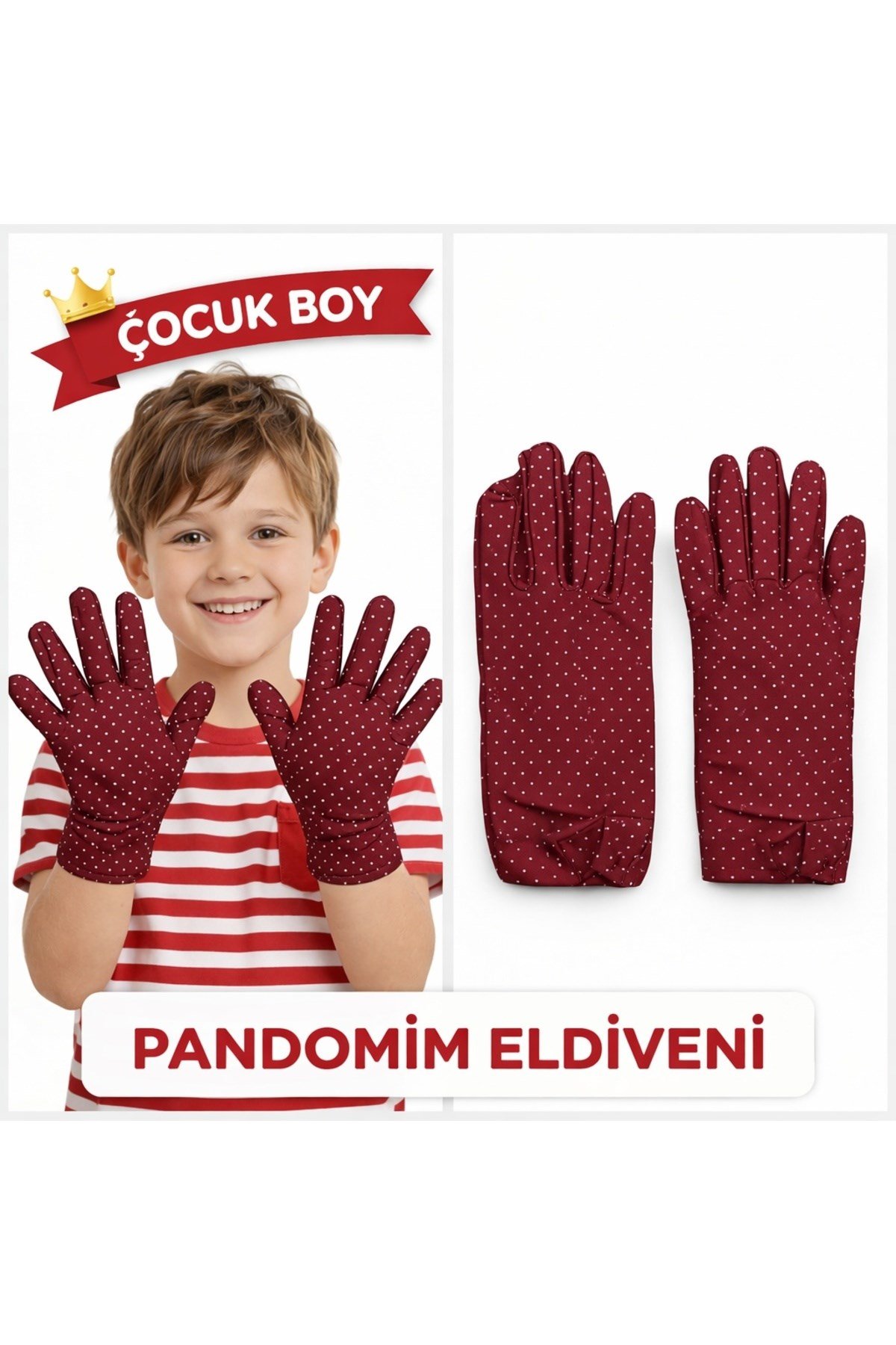 Çocuk Boy Pandomim Eldiveni Beyaz Puantiyeli Bordo Renk Gösteri Eldiveni 23 Nisan 19 Mayıs