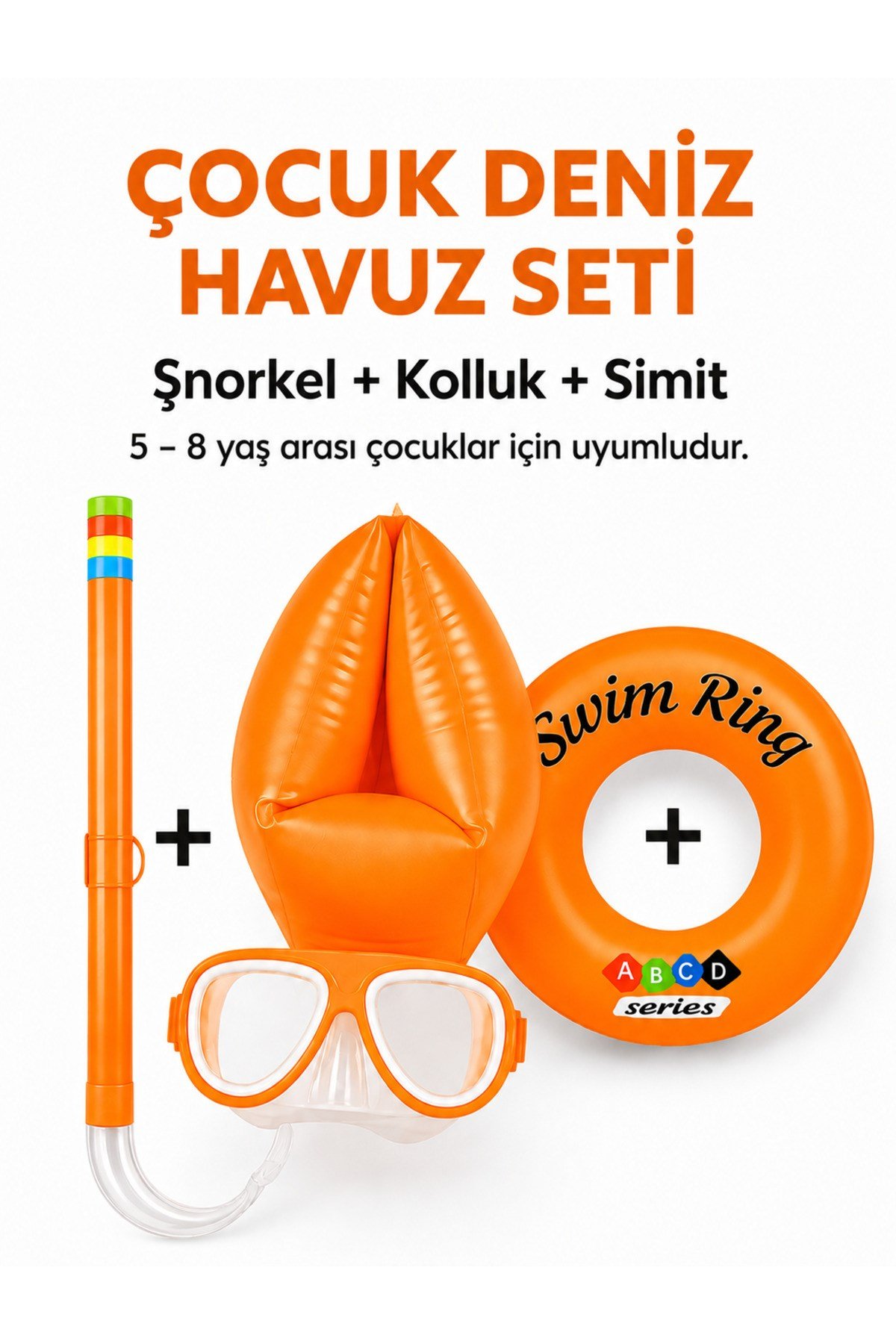Çocuk Deniz Havuz Yüzme Seti Şnorkel Dalış Maskesi + Çift Odalı Kolluk + Çocuk Simidi