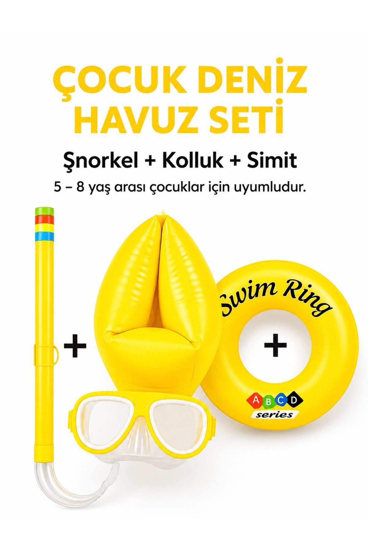 Çocuk Deniz Havuz Yüzme Seti Şnorkel Dalış Maskesi + Çift Odalı Kolluk + Çocuk Simidi
