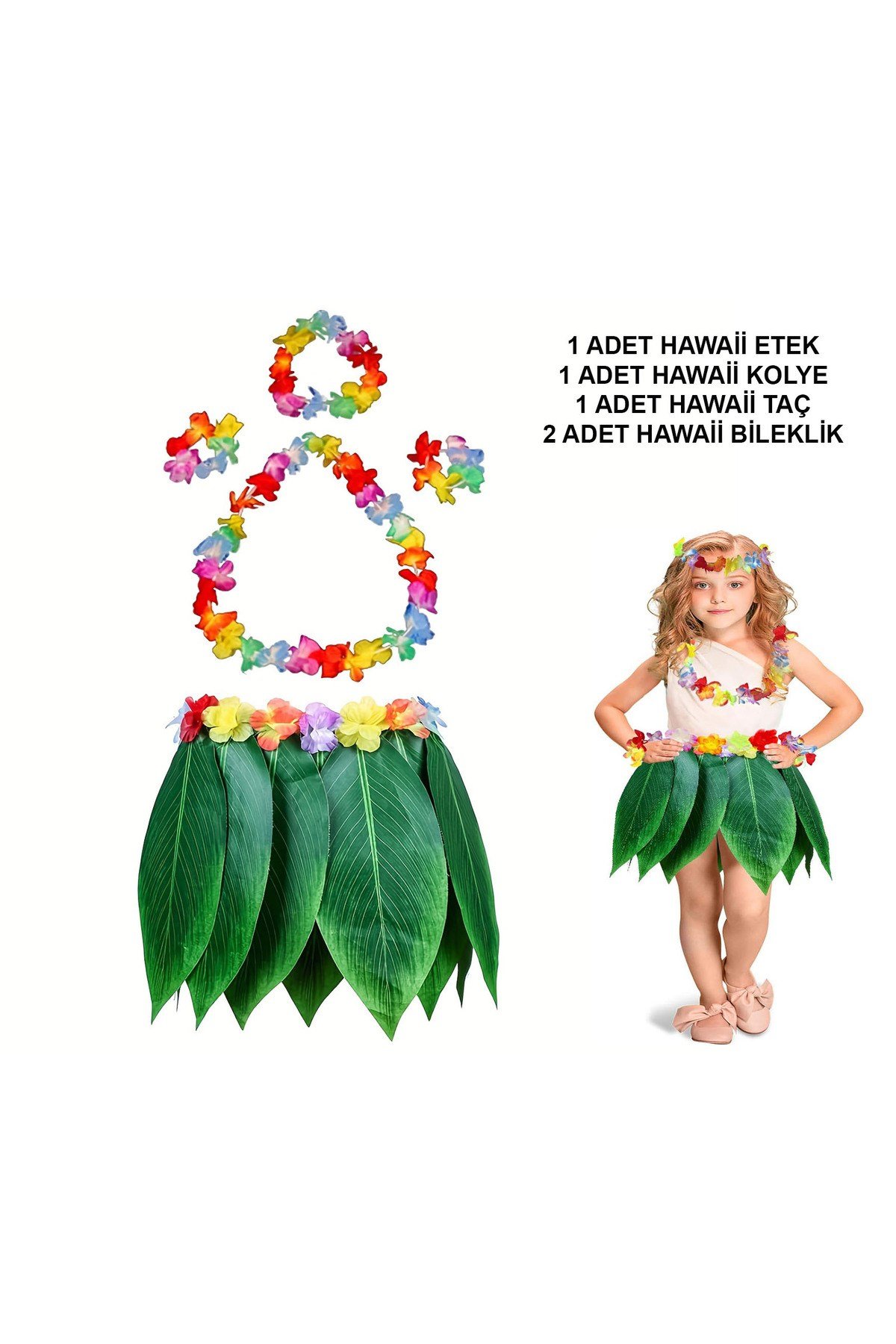 Çocuk Hawaii Kostüm Seti - Yaprak Etek & Hawaii Set - 5 Parça
