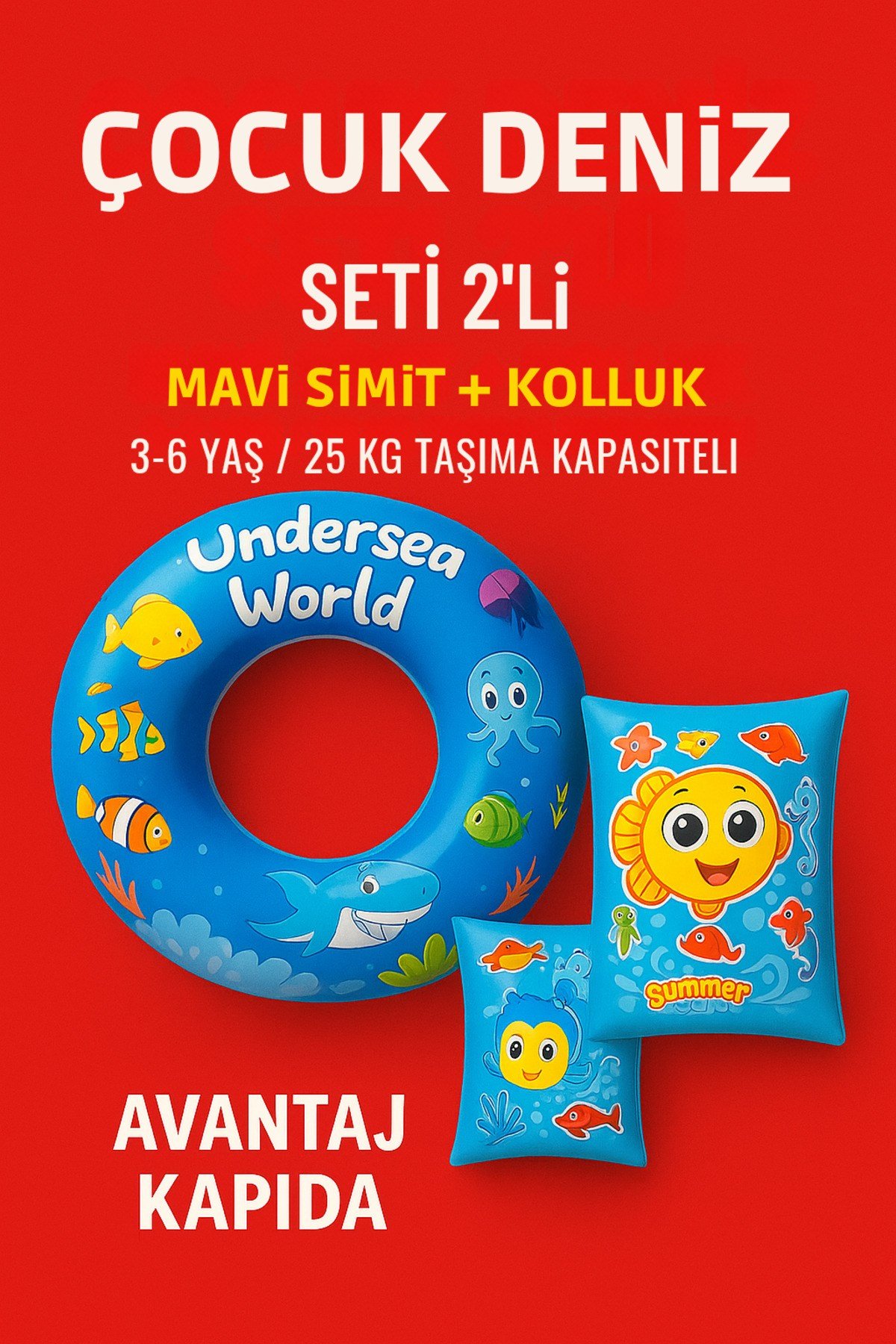 Çocuk Kız Erkek Deniz Seti 2’li Mavi Simit + Kolluk | 3–6 Yaş 25kg Avantaj Kapıda