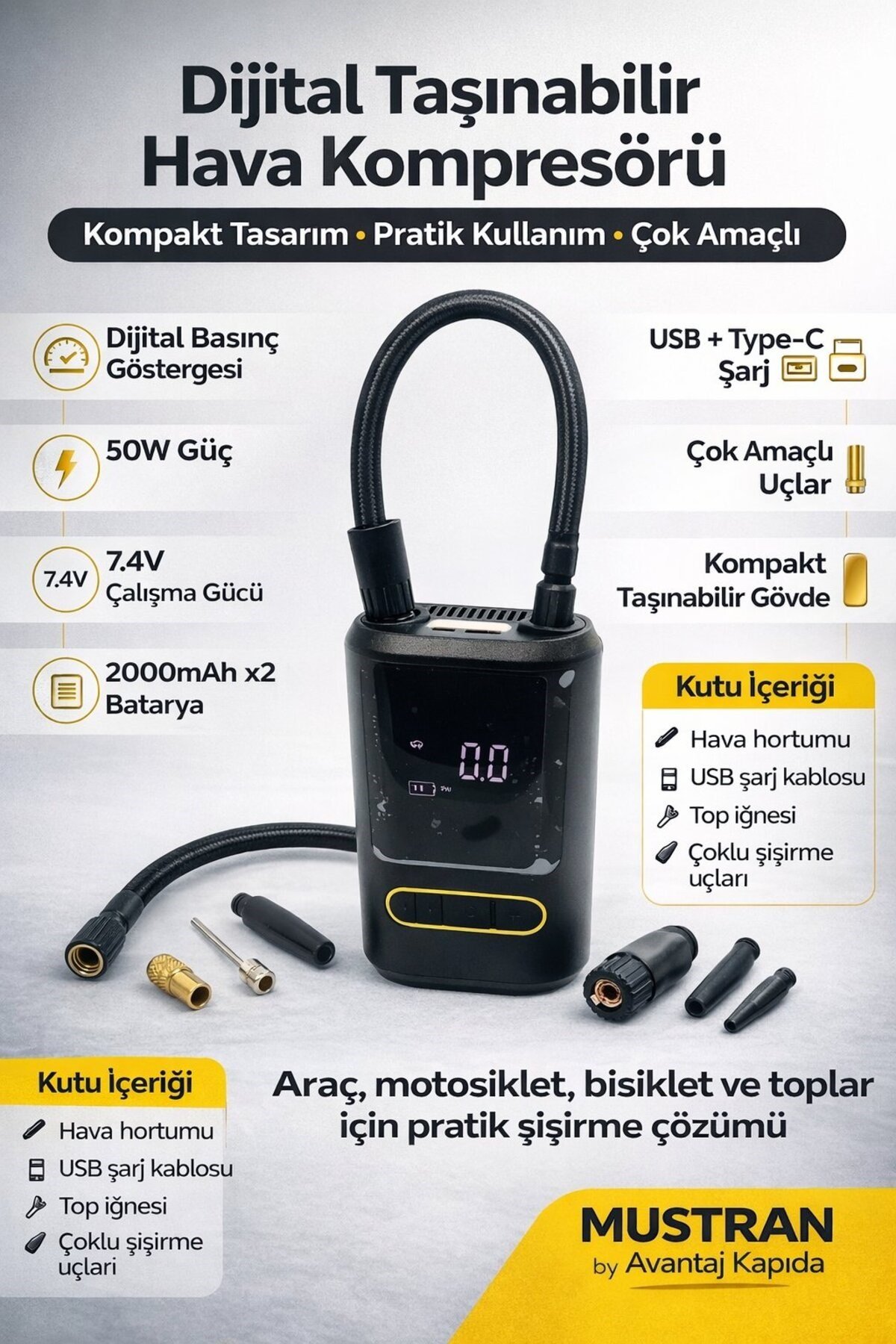Dijital Taşınabilir Şarjlı Lastik Şişirme Pompası Mini Hava Kompresörü Araç Motor Bisiklet Top Şişirici