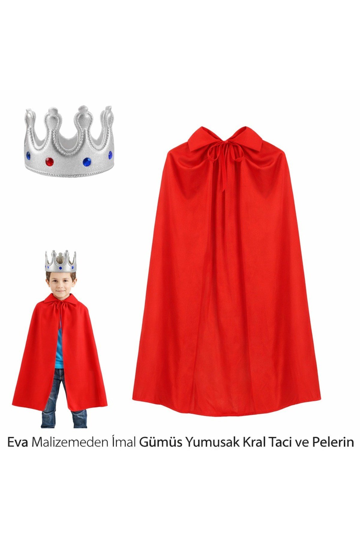 Eva Malzemeden Gümüş Yumuşak Kral Tacı ve Kırmızı Pelerin Seti