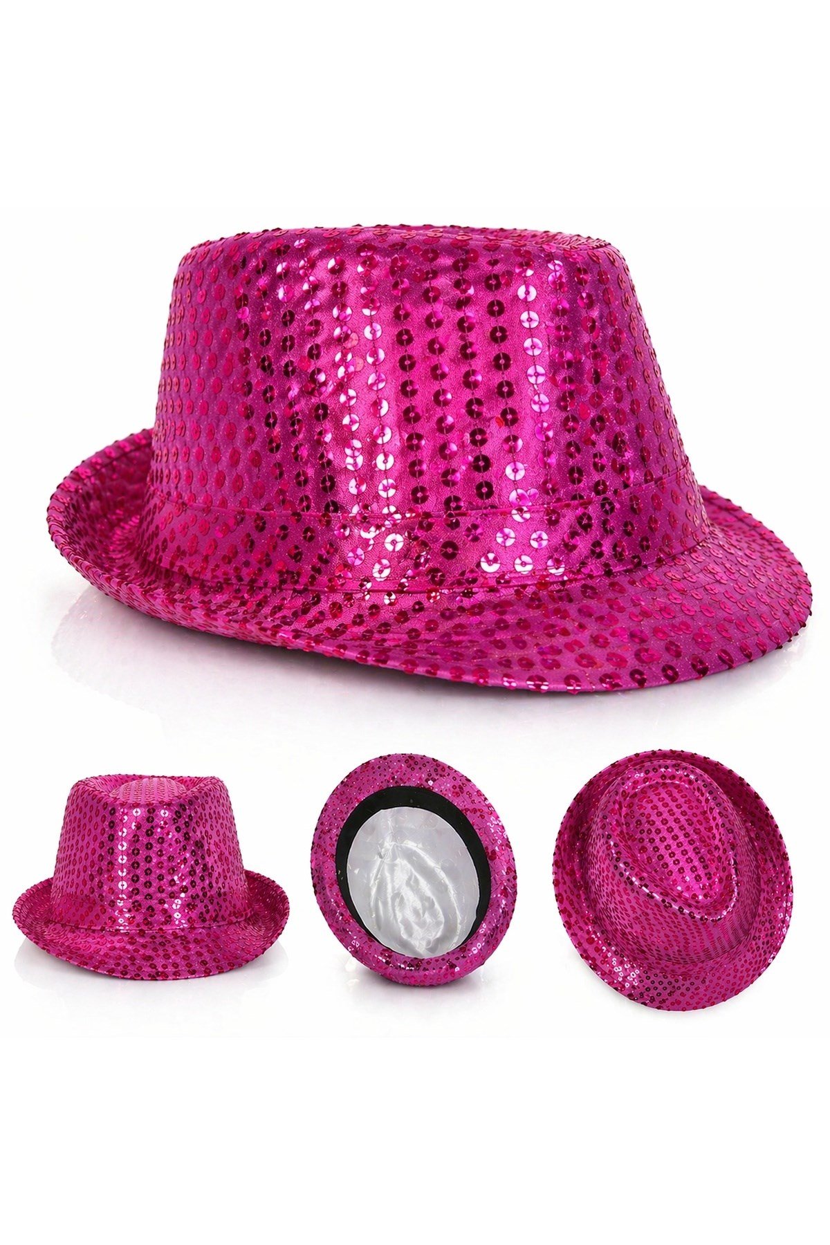 Fuşya Pembe Payetli Disco Parti Şapkası Yetişkin Işıltılı Fötr Model