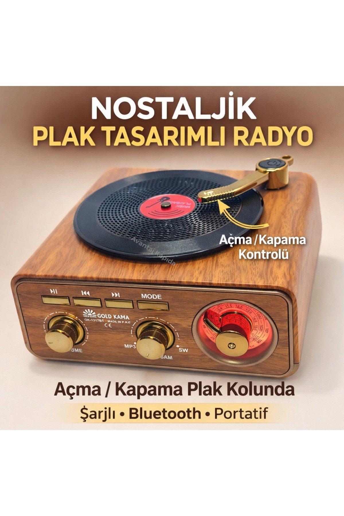 GoldKama Nostaljik Plak Tasarımlı Bluetooth Masa Radyosu Açma Kapama Plak Kolunda Şarjlı Portatif