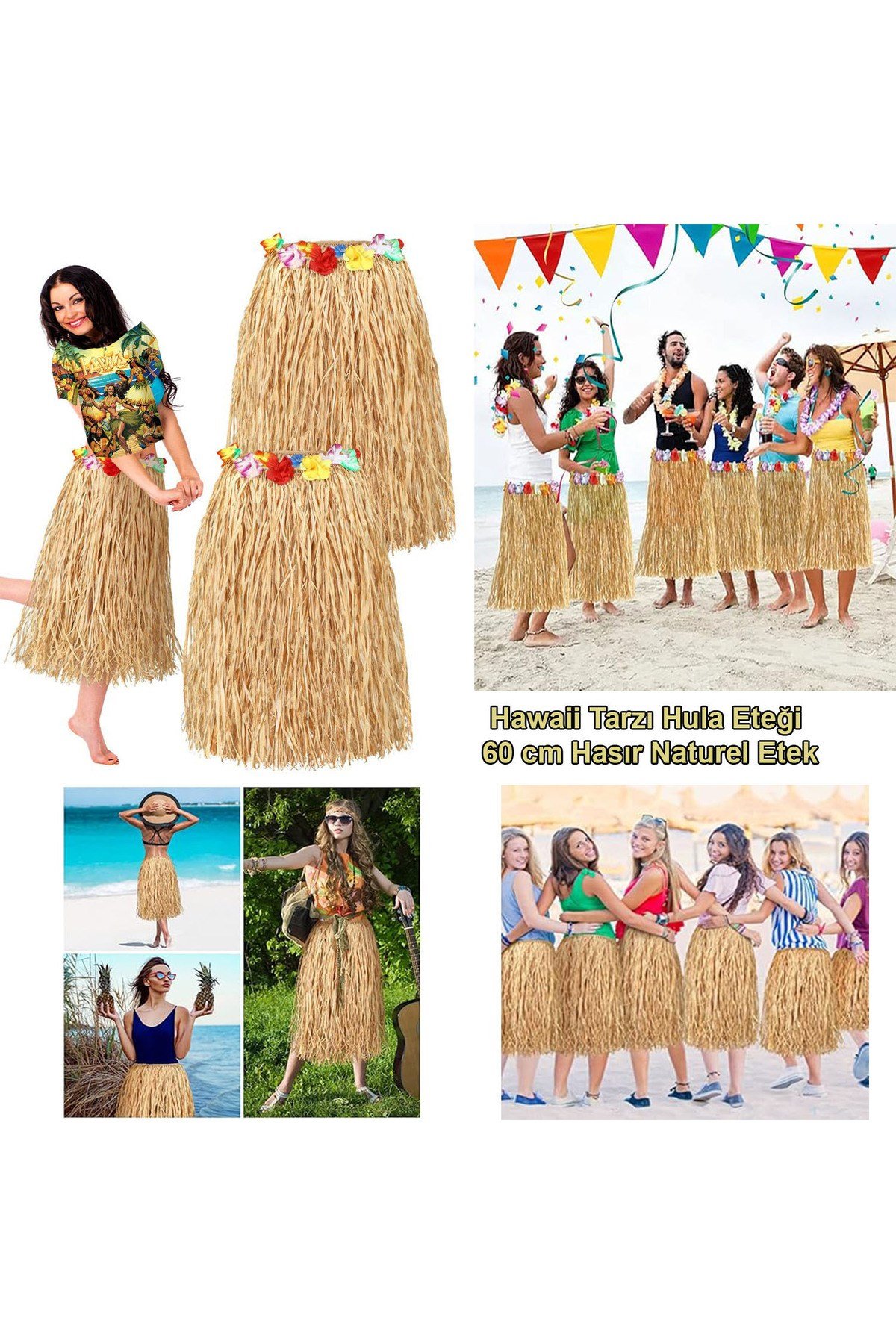 Hawaii Tarzı Hula Eteği – 60 cm Hasır Naturel Etek