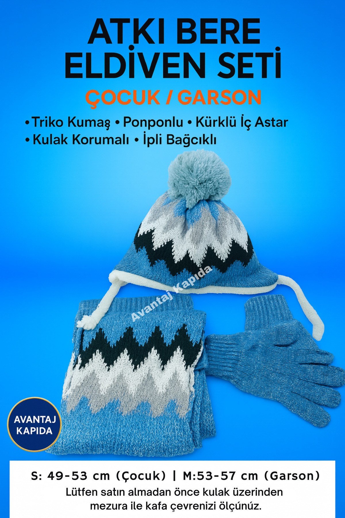 İçi Kürklü 4-8 Yaş Çocuk Bere Eldiven Atkı 3lü Set Kulakçıklı Örgü Polar Kışlık Sıcak