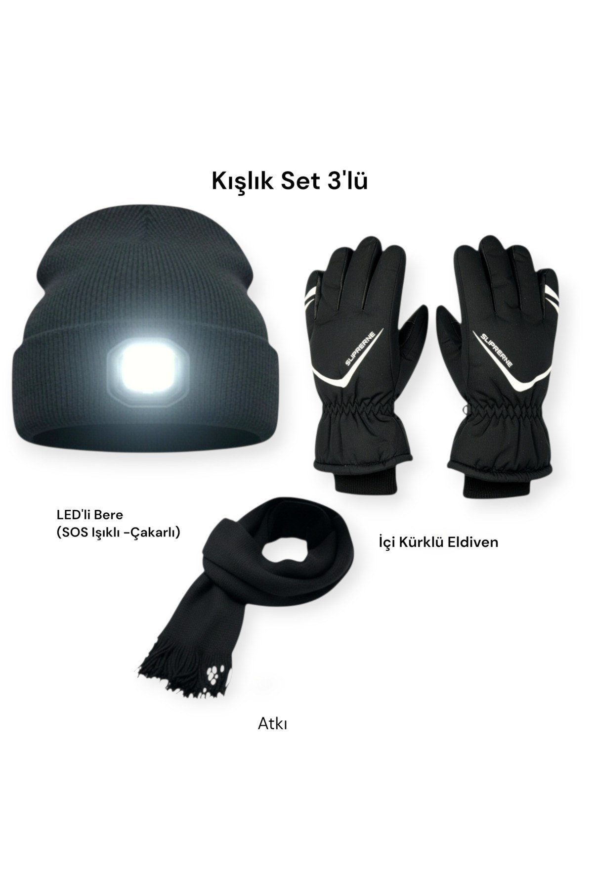 İçi Kürklü L-XL Beden Motosiklet Kar Kayak Eldiveni + Bere+ Atkı 3lü Kışlık Set Kafa Bandı Hediyeli