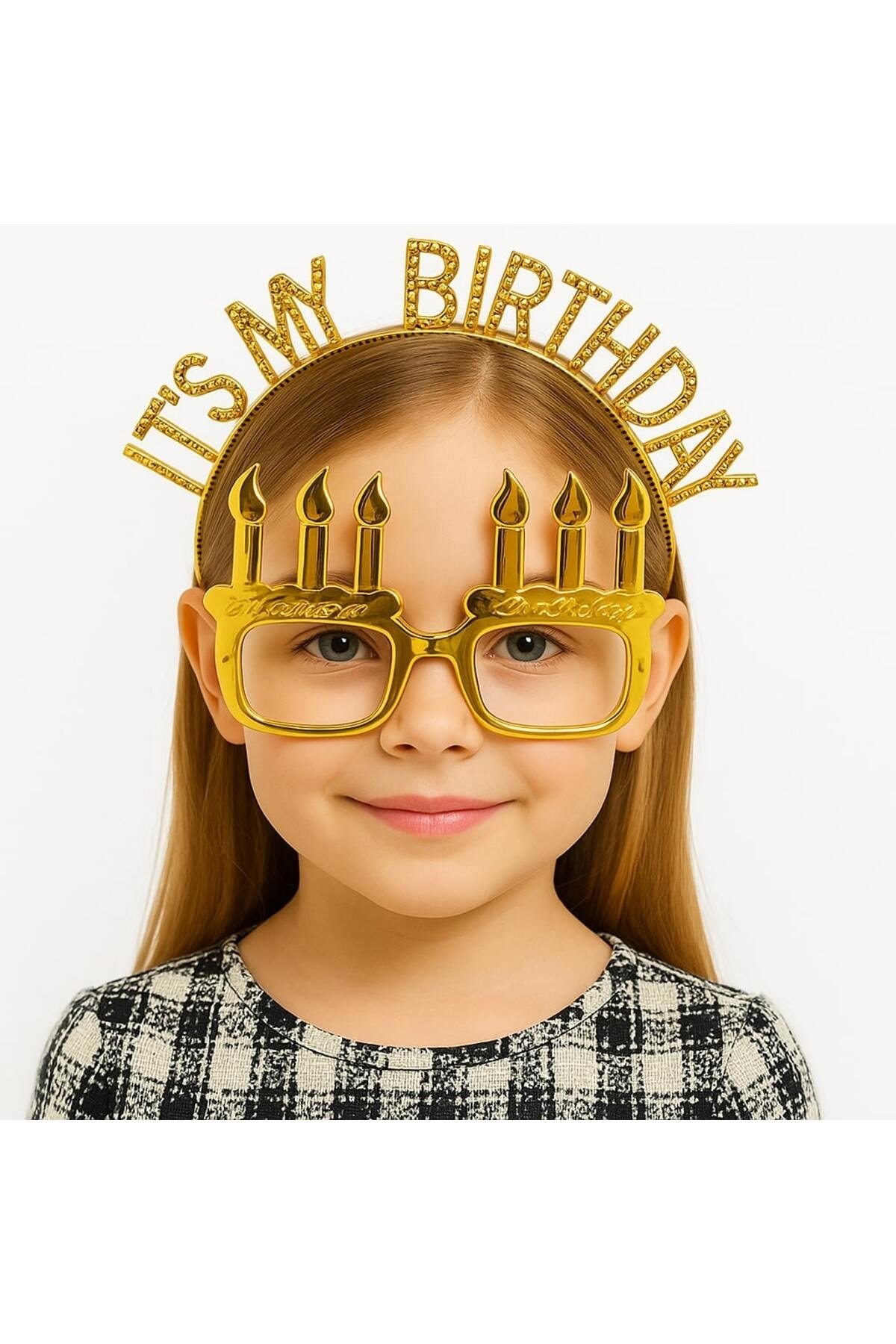 İt's My Birthday Yazılı Taç ve Mum Şekilli Gözlük Seti Altın Renk