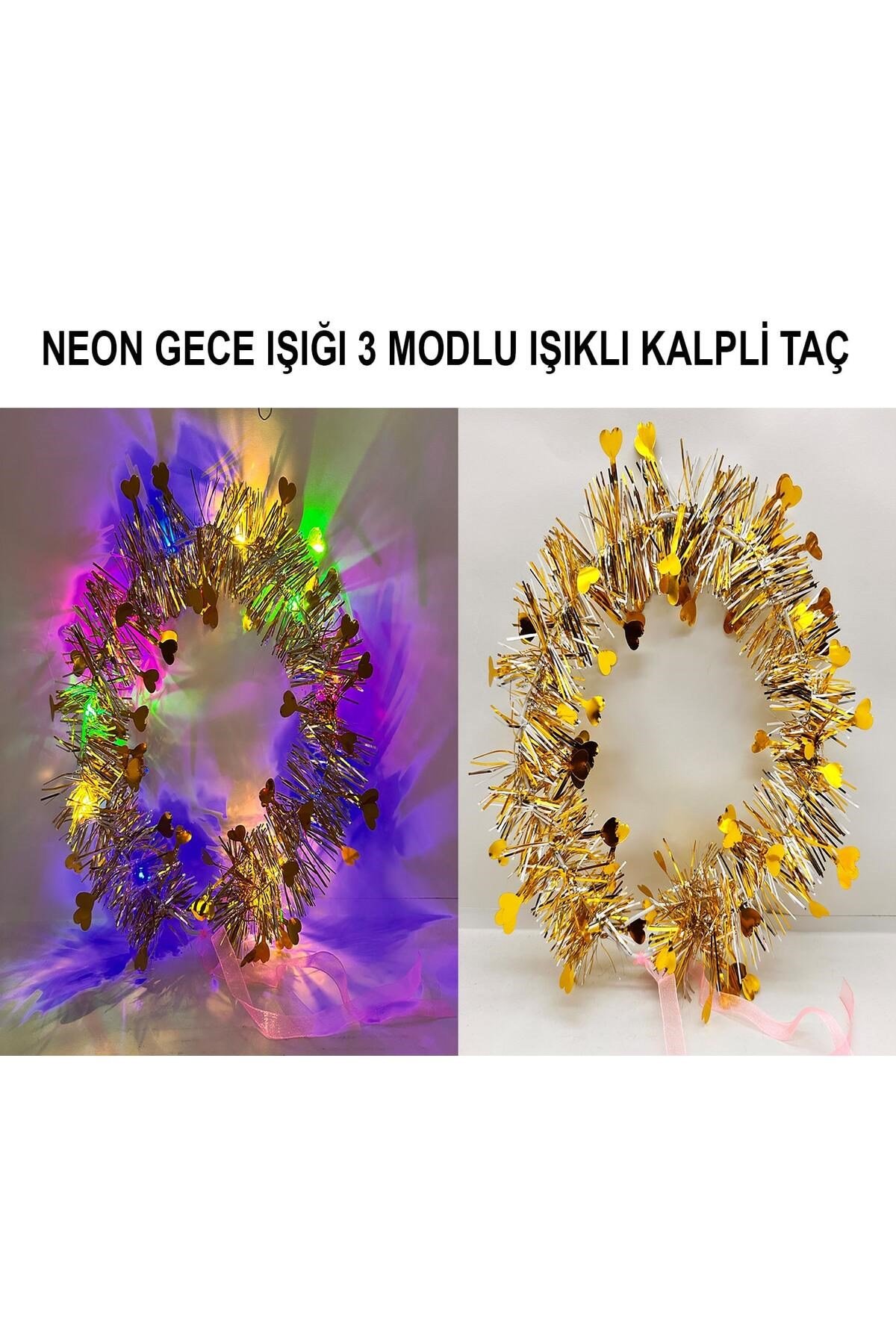 Kalp Püsküllü Gece Parıltısı 3 Modlu LED'li Işıklı Taç Altın Renk