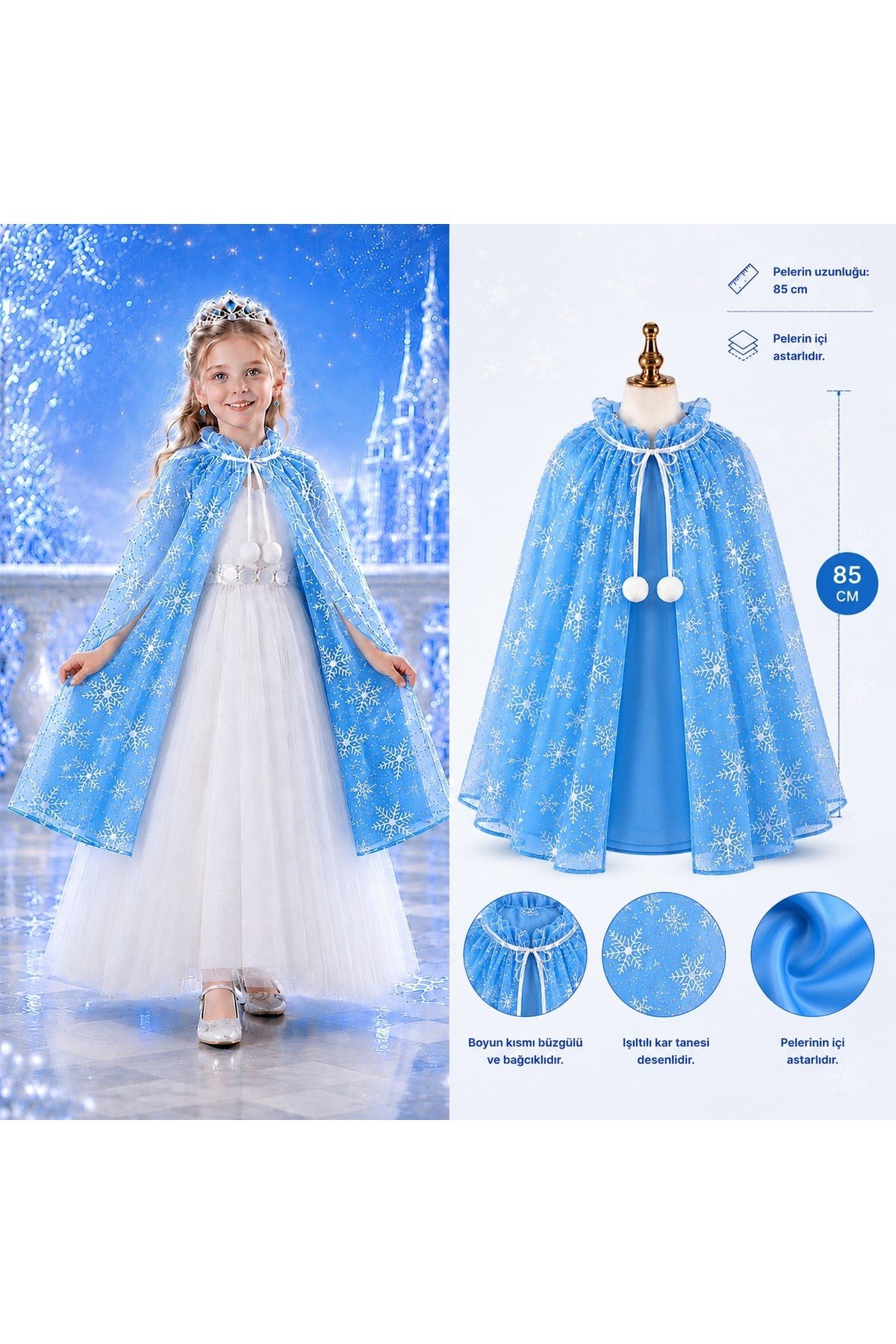 Kar Tanesi Desenli Mavi Elsa Pelerini - Astarlı Frozen Pelerini 85 cm