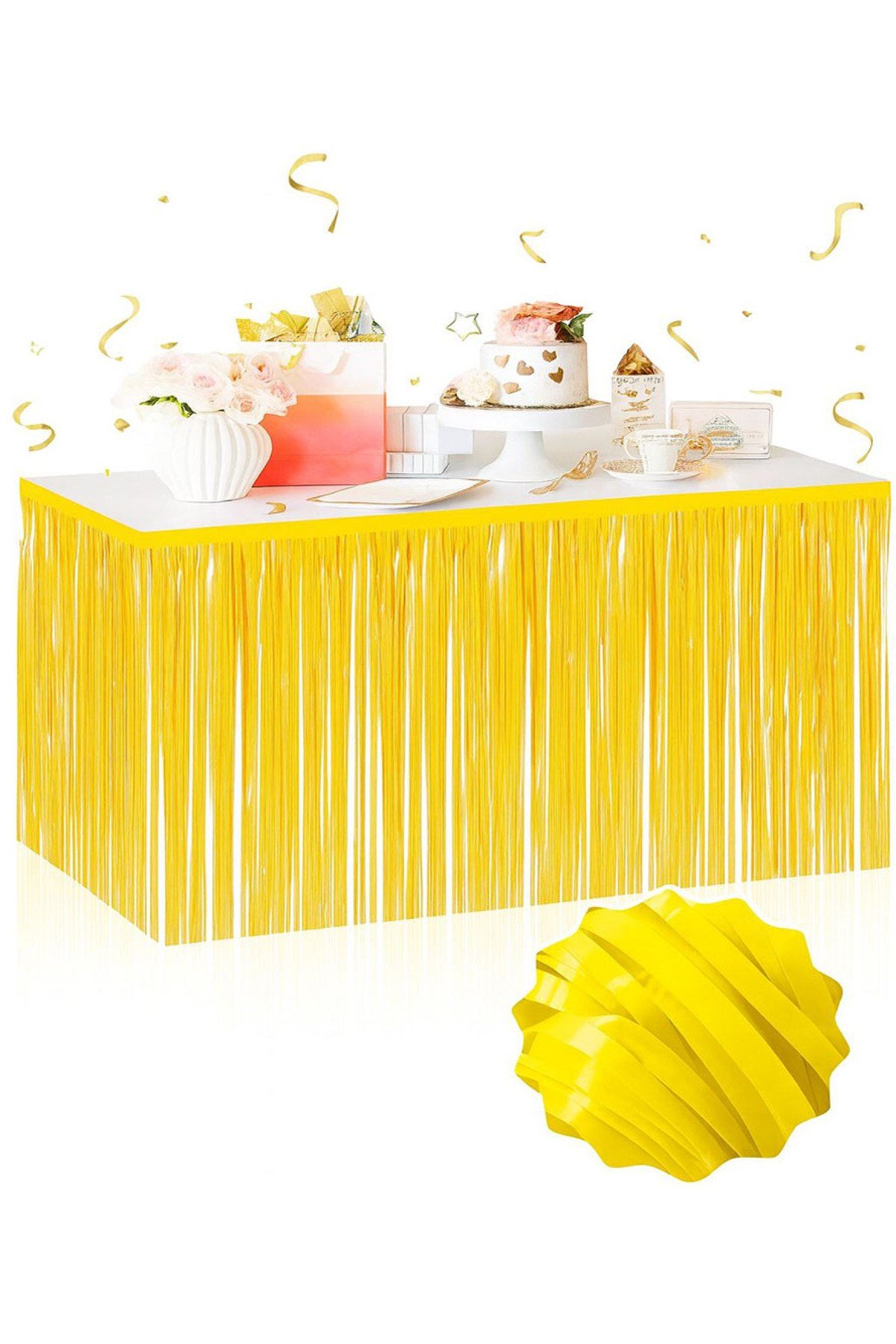 Kendinden Yapışkanlı Makaron Sarı Püsküllü Masa Eteği – 75 x 275 cm Parti Süslemesi
