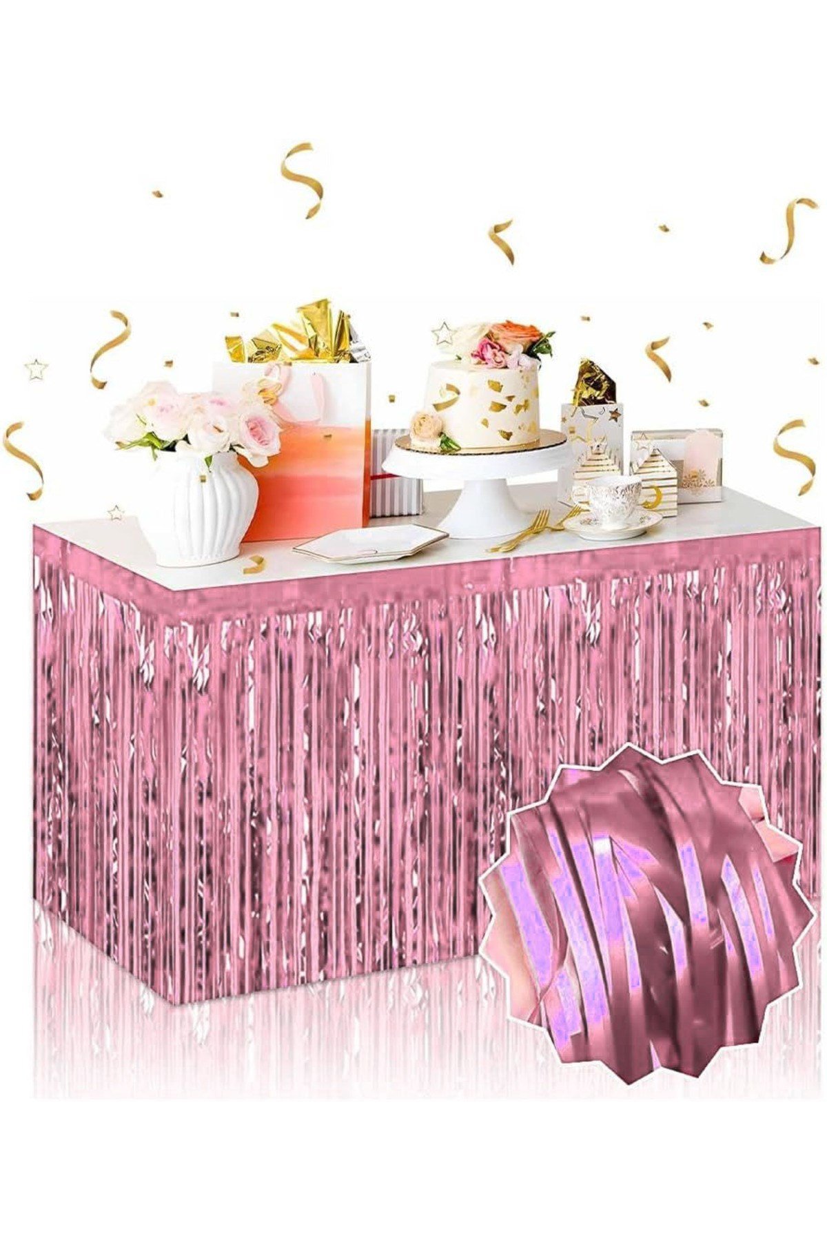 Kendinden Yapışkanlı Rose Gold Metalize Püsküllü Masa Eteği – 75 x 275 cm Parti Süslemesi
