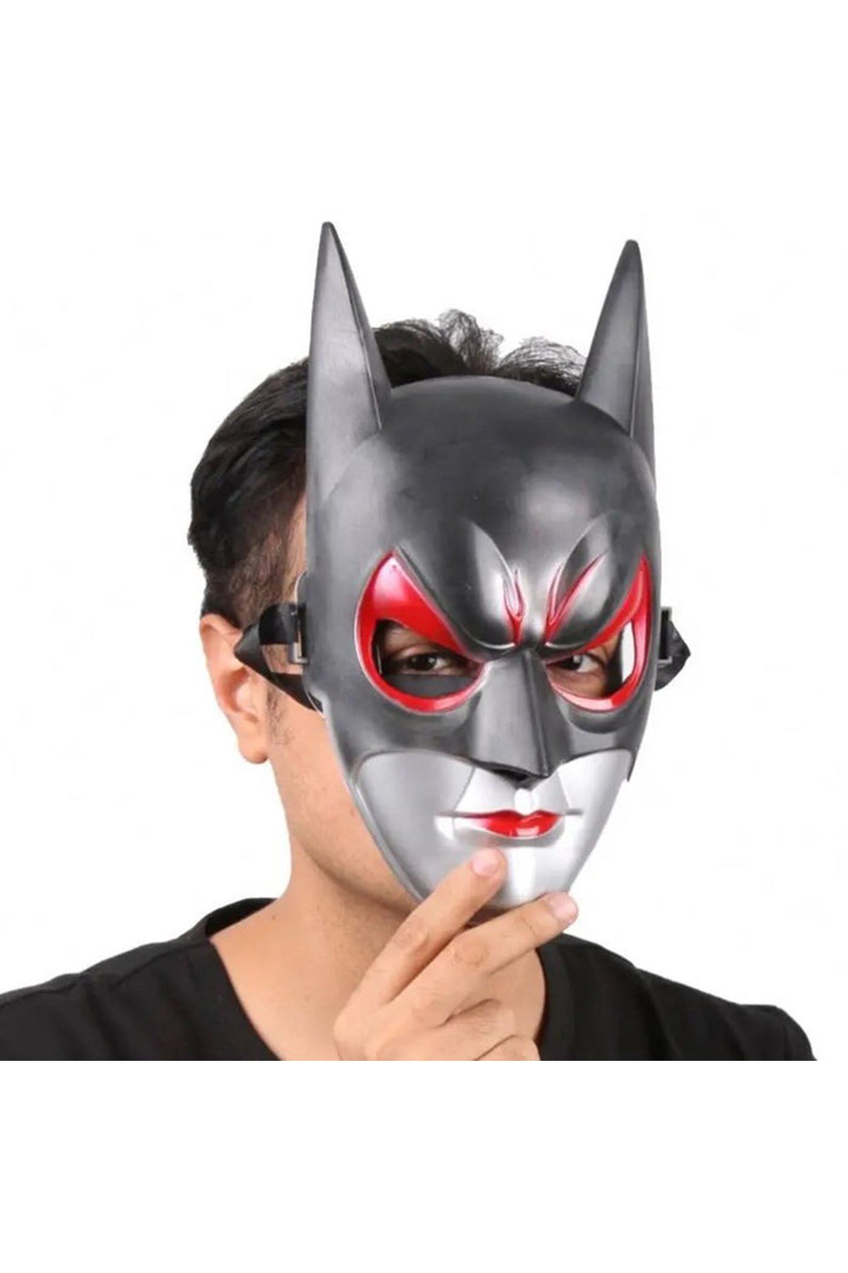 Kırmızı Gözlü Siyah Batman Maske - Lastikli Batgirl Maskesi 28x17 cm