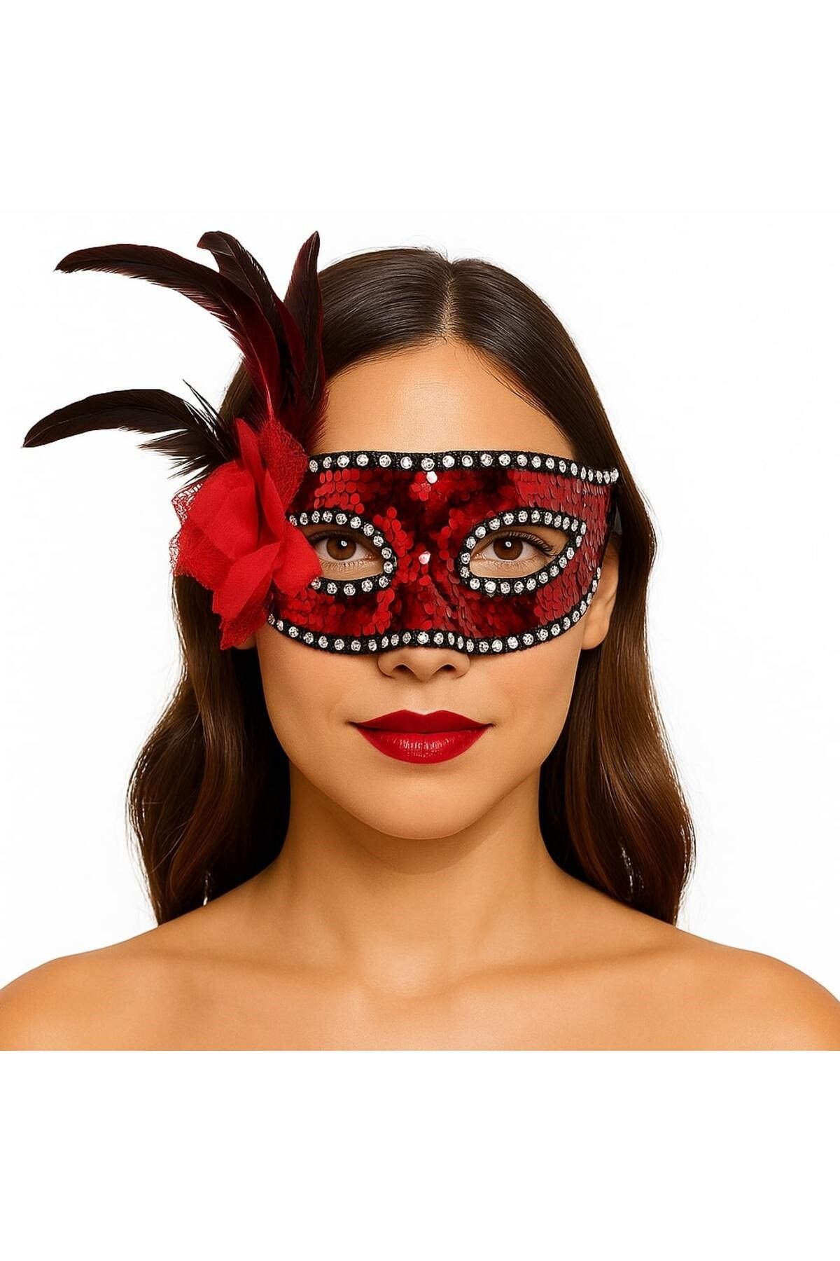 Kırmızı Renk Yandan Tüylü Güllü Gümüş Taşlı Pullu Maske 20x22 cm