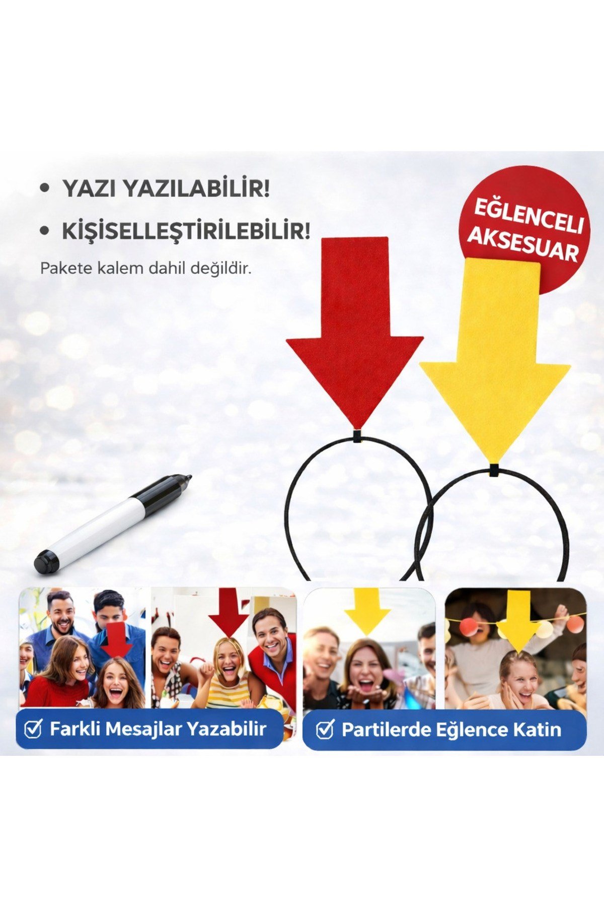 Kişiselleştirilebilir Ok İşaretli Mesaj Tacı (2’li Set Sarı-Kırmızı)