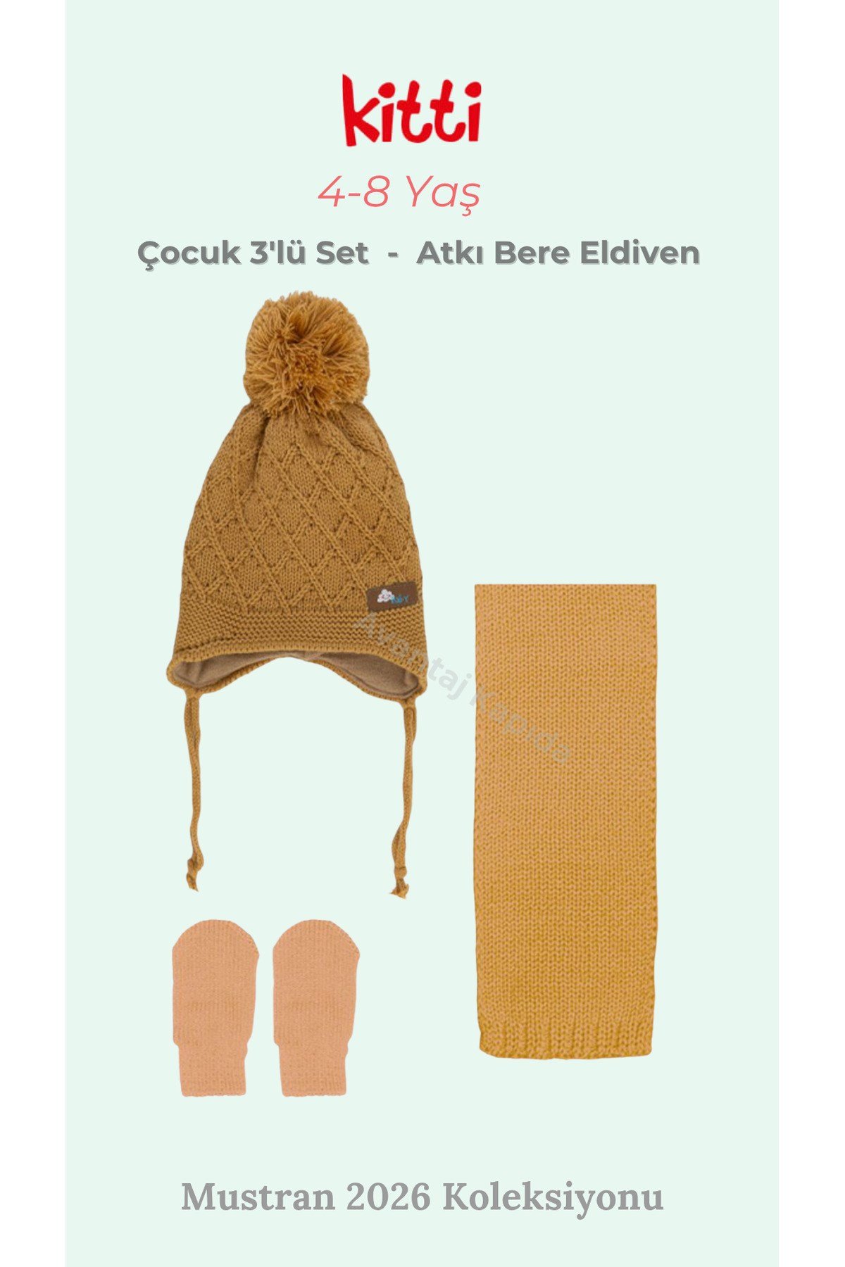 Kitti 4-8 Yaş Çocuk Atkı Bere Eldiven Polar İçli 3’lü Set – 2026 Koleksiyonu