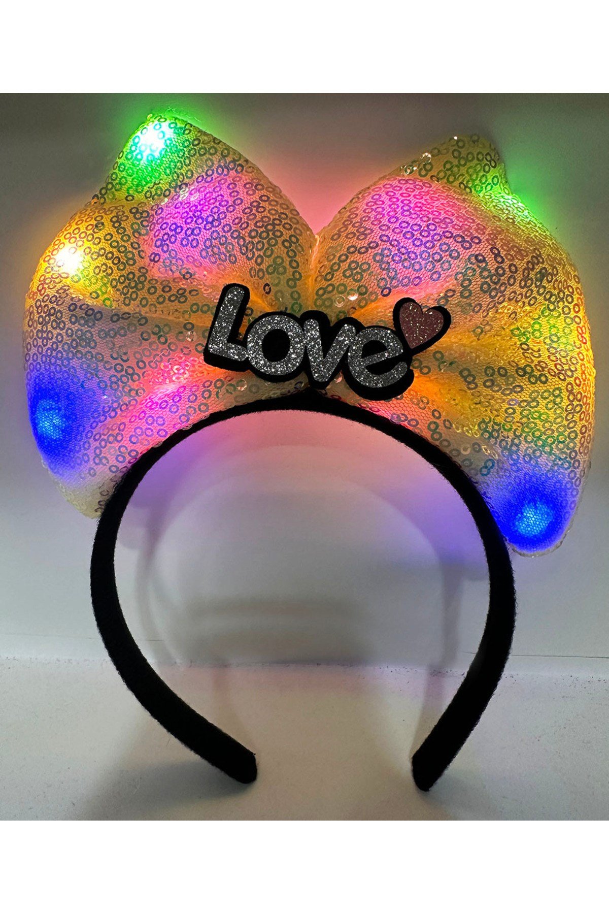 Led Işıklı 3 Farklı Fonksiyonda Yanan Gümüş Love Yazılı Sarı Fiyonk Taç 20X17 cm
