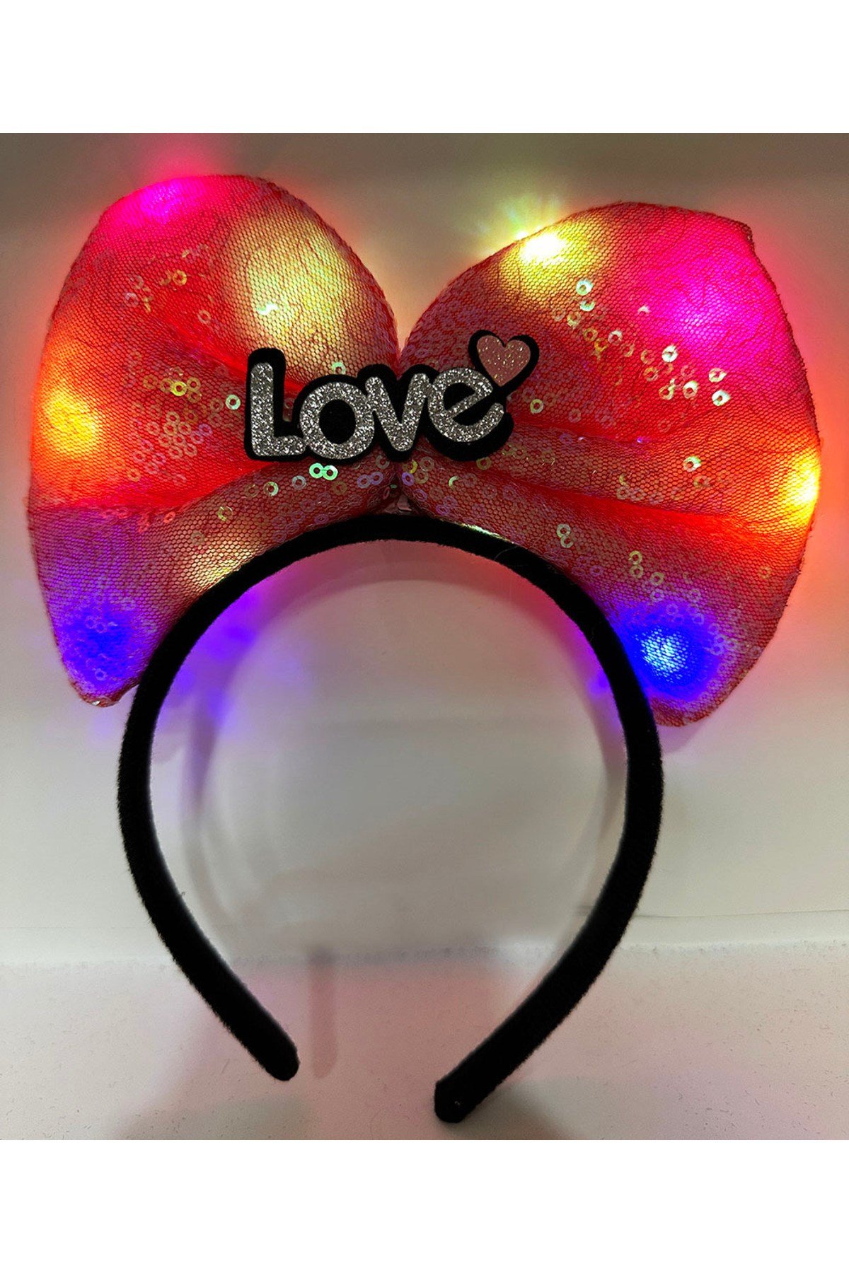 Led Işıklı 3 Farklı Fonksiyonda Yanan Gümüş Love Yazılı Fuşya Pembe Fiyonk Taç 20X17 cm