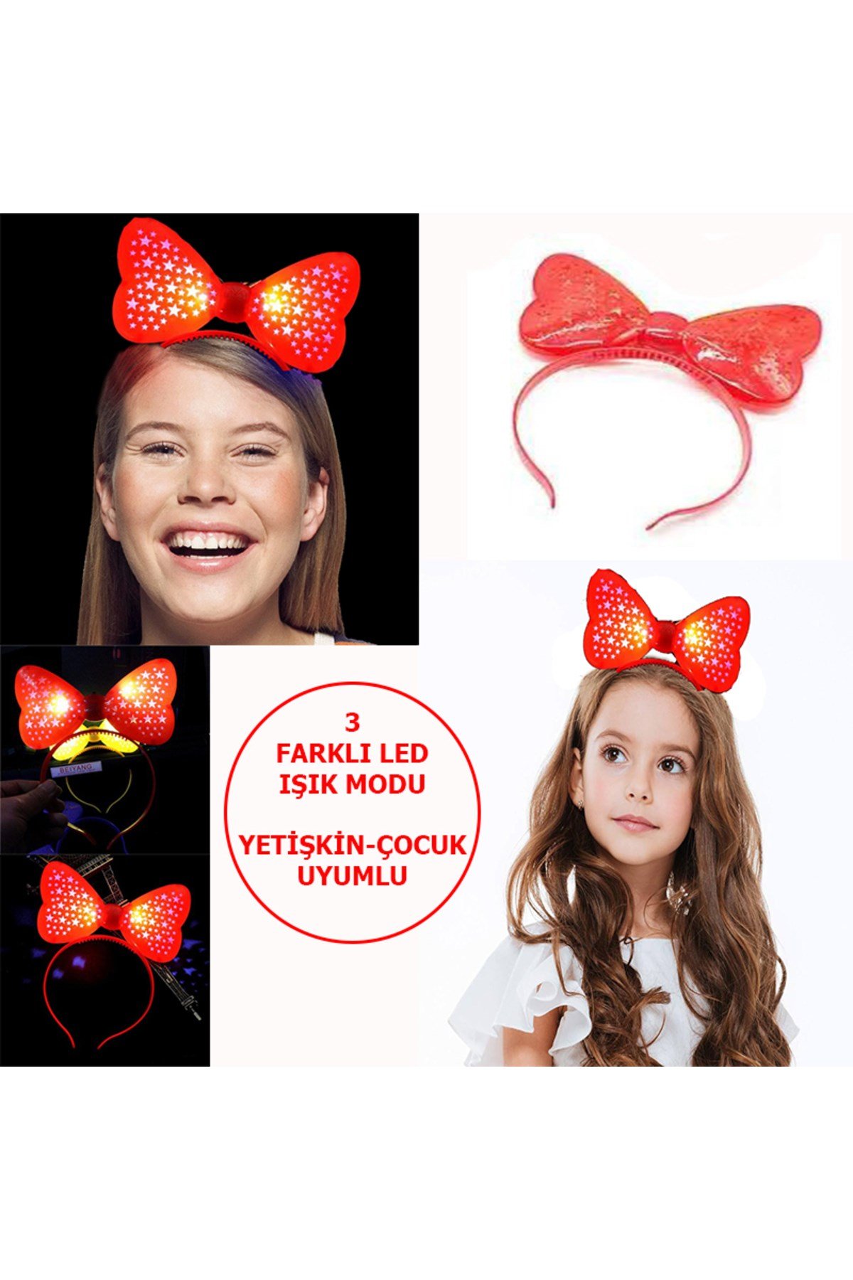Led Işıklı & Pilli 3 Farklı Modda Yanan Yıldızlı Fiyonk Parti Tacı Kırmızı Renk 19x15 cm