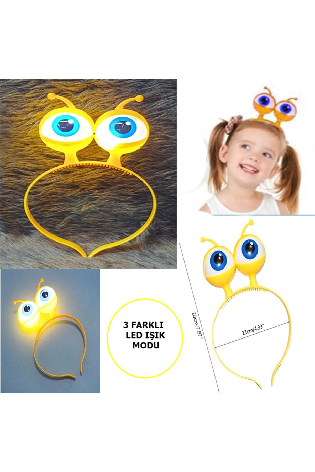 Led Işıklı & Pilli 3 Farklı Modda Yanan Uzaylı Göz Parti Tacı Sarı Renk 18x12 cm