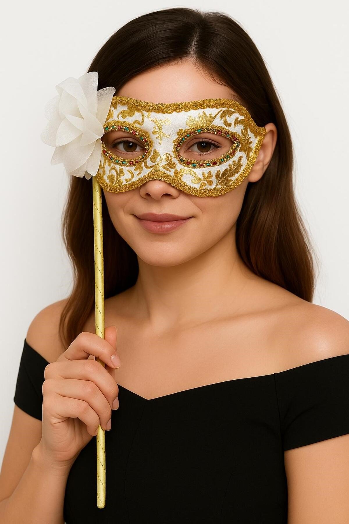 Lüks Taşlı Saplı Maskeli Balo Maskesi Beyaz Renk 35 cm