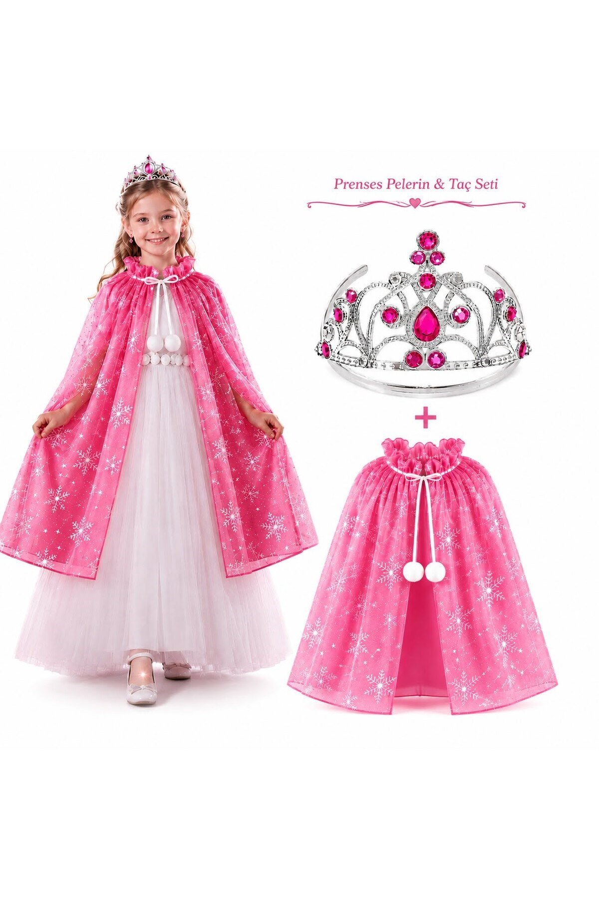 Masal Prensesi Pembe Pelerin ve Taç Seti (85 cm)