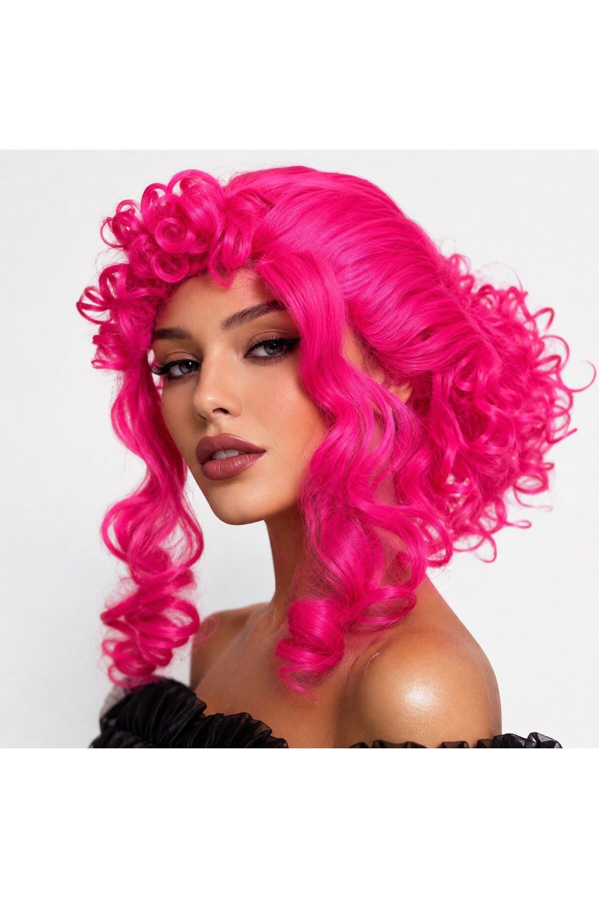 Neon Pembe Bukleli Kıvırcık Cosplay Peruğu - İçi Astarlı