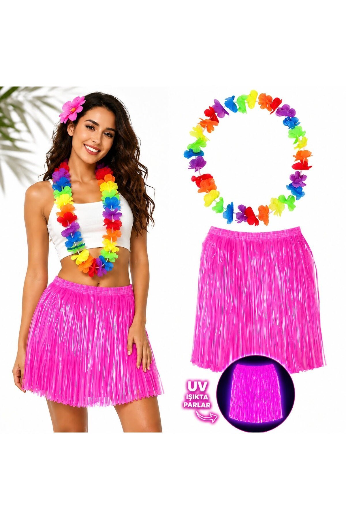 Neon Pembe Hawaii Etek 40 cm ve Rengarenk Hawaii Kolye