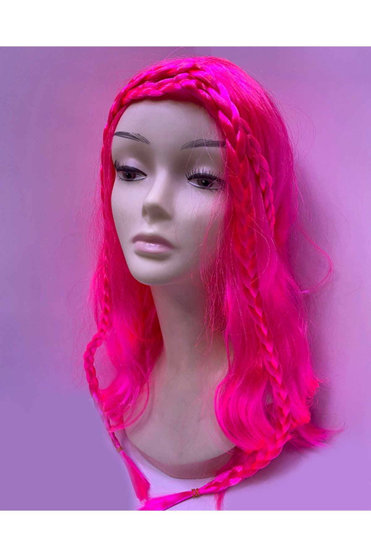 Neon Pembe Renk Örgülü Helen Karakter Peruğu Takma Saç