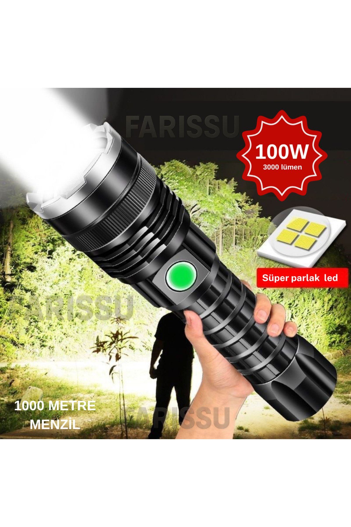 OR-A72 Alüminyum Alaşımlı El Feneri – 100W Güç, 3000 Lümen, 1000-1500 Metre Menzil