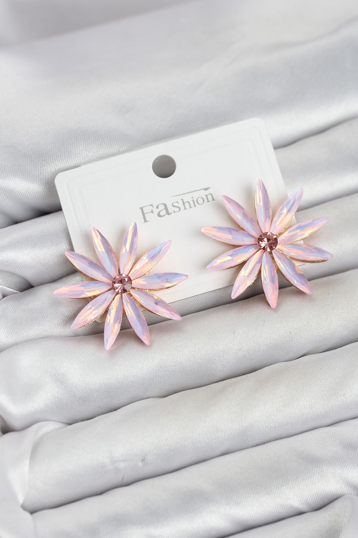 Pembe Kristal Taşlı Lotus Model Kadın Küpe