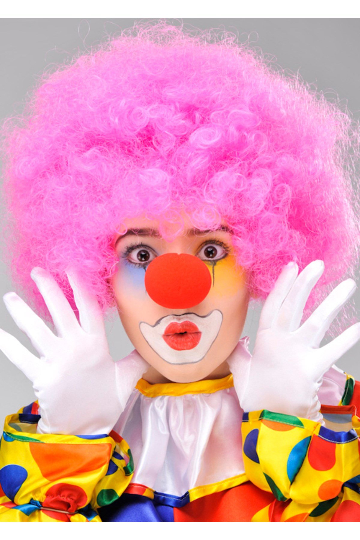 Pembe Renk Kıvırcık Afro Bonus Peruk Takma Saç ve Kırmızı Burun Seti