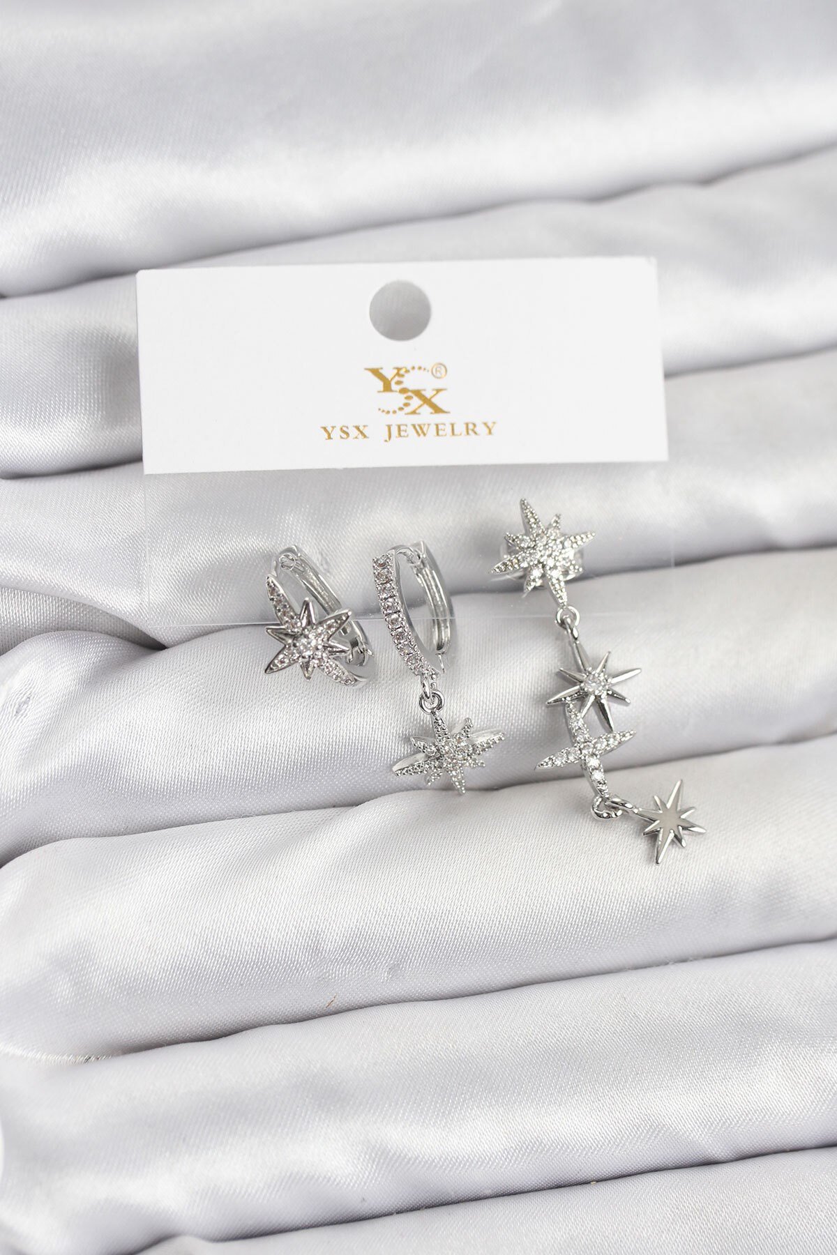 Pirinç Gümüş Renk Zirkon Taşlı Kutup Yıldızı Model YSX Trio Küpe Seti