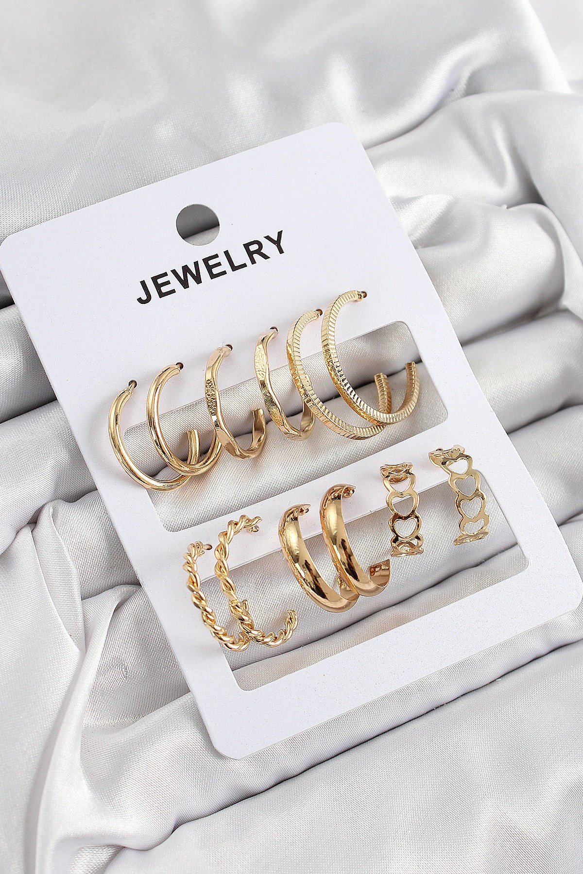 Pirinç Karışık Halka Model Gold Renk 6 Çift Kadın Küpe Set